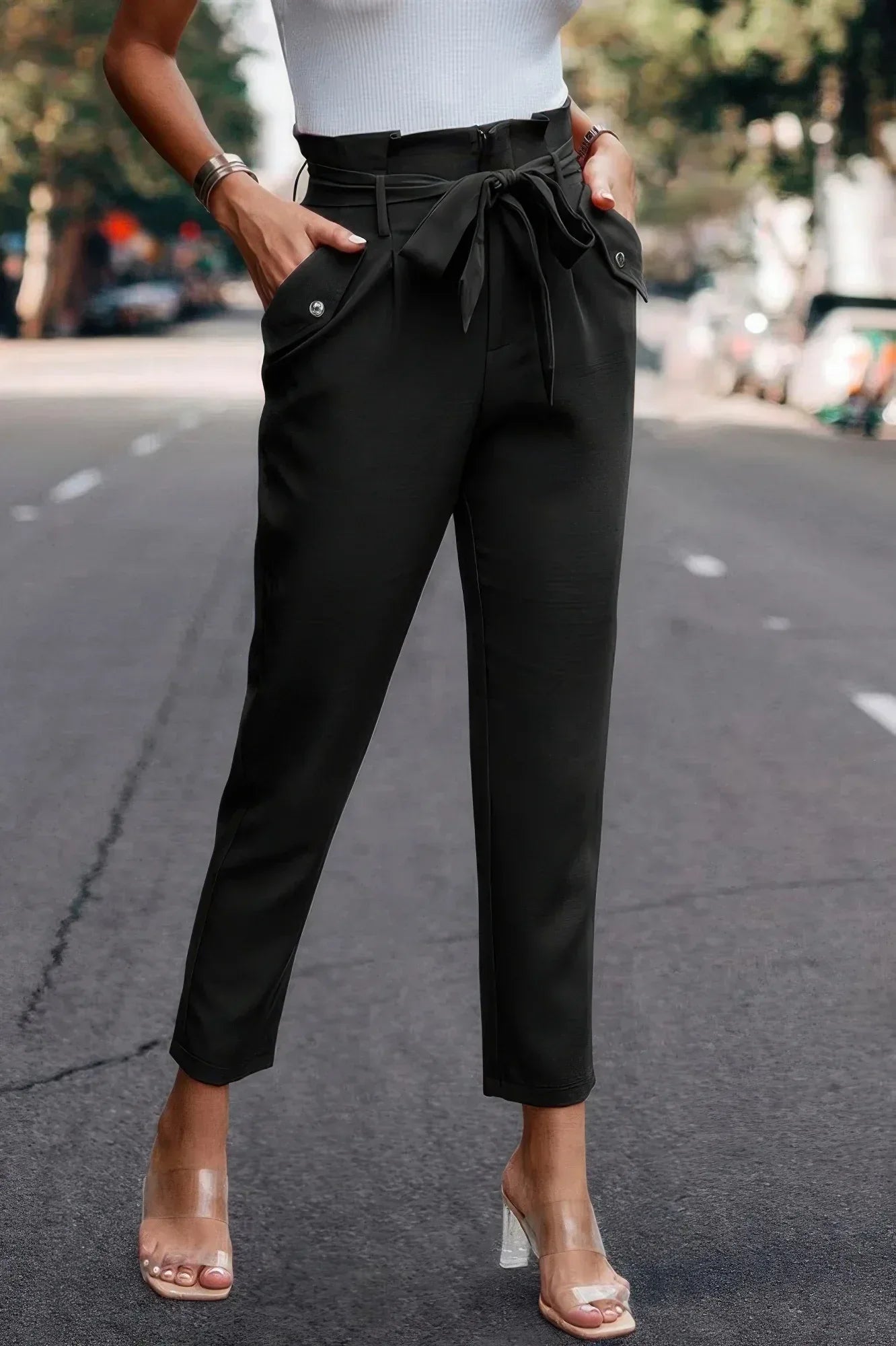 Ruffle Belt Pocket Solid Skinny Pants | Mixtshop LLC Main image