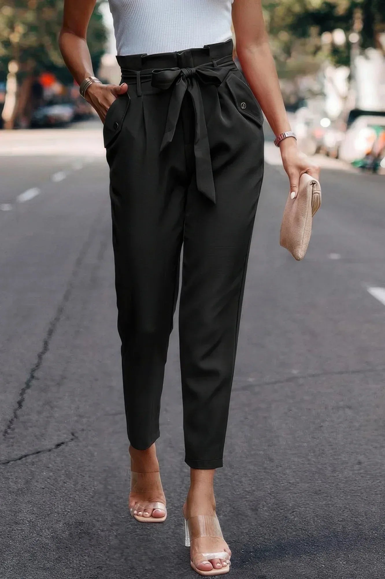 Ruffle Belt Pocket Solid Skinny Pants Secondary image