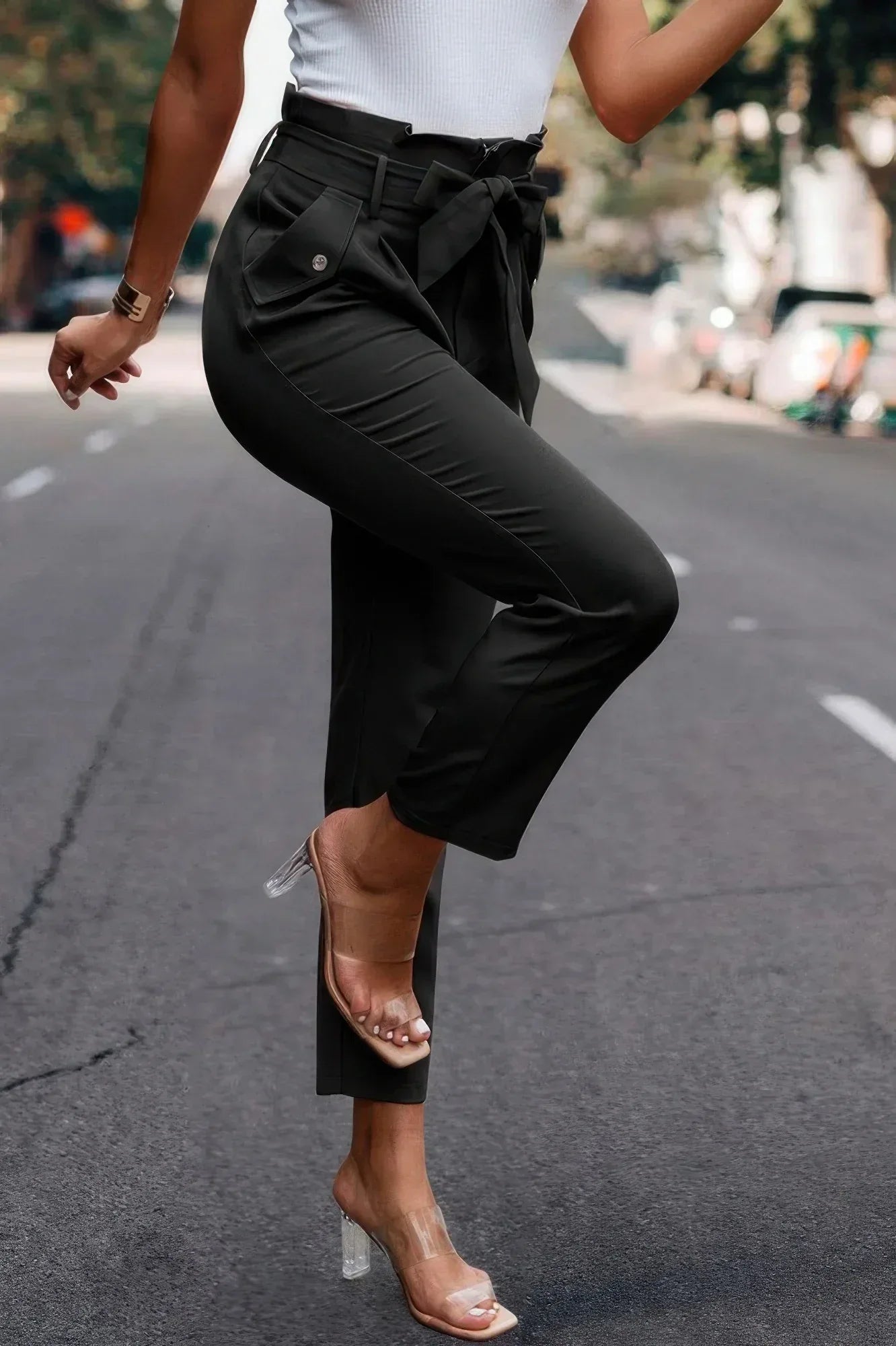 Ruffle Belt Pocket Solid Skinny Pants | Mixtshop LLC