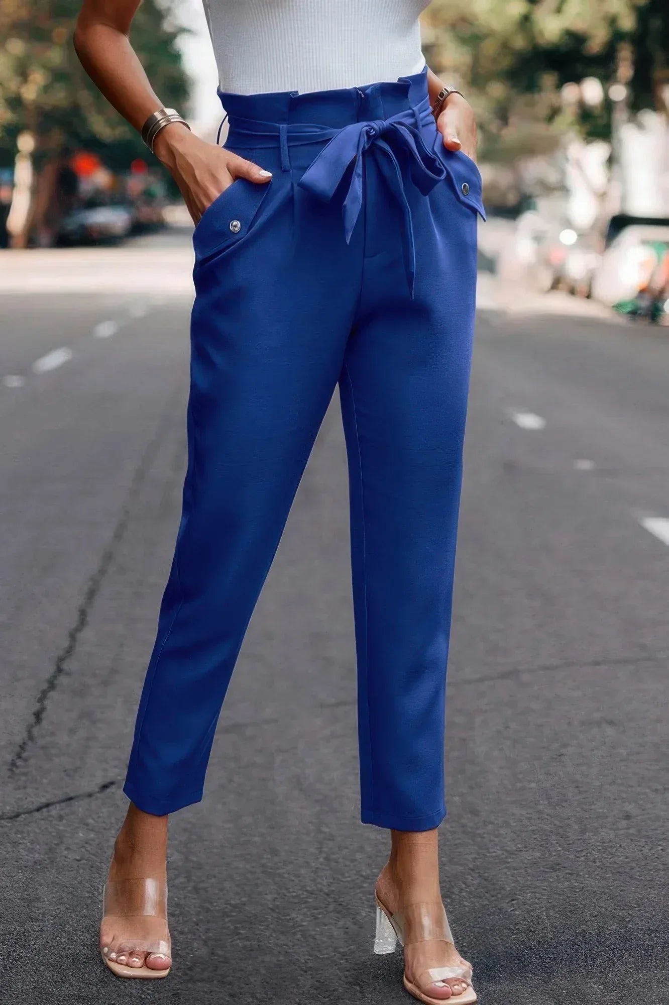 Ruffle Belt Pocket Solid Skinny Pants | Mixtshop LLC Main image