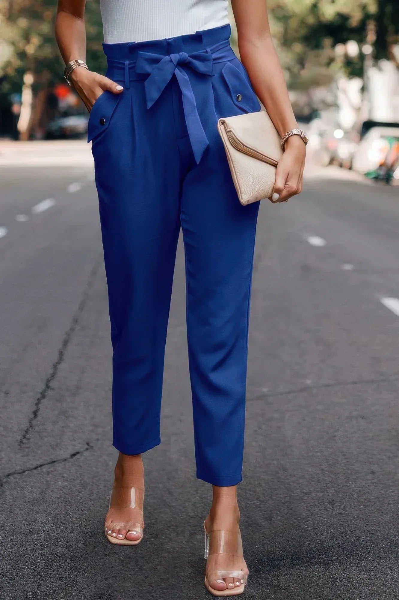 Ruffle Belt Pocket Solid Skinny Pants Secondary image