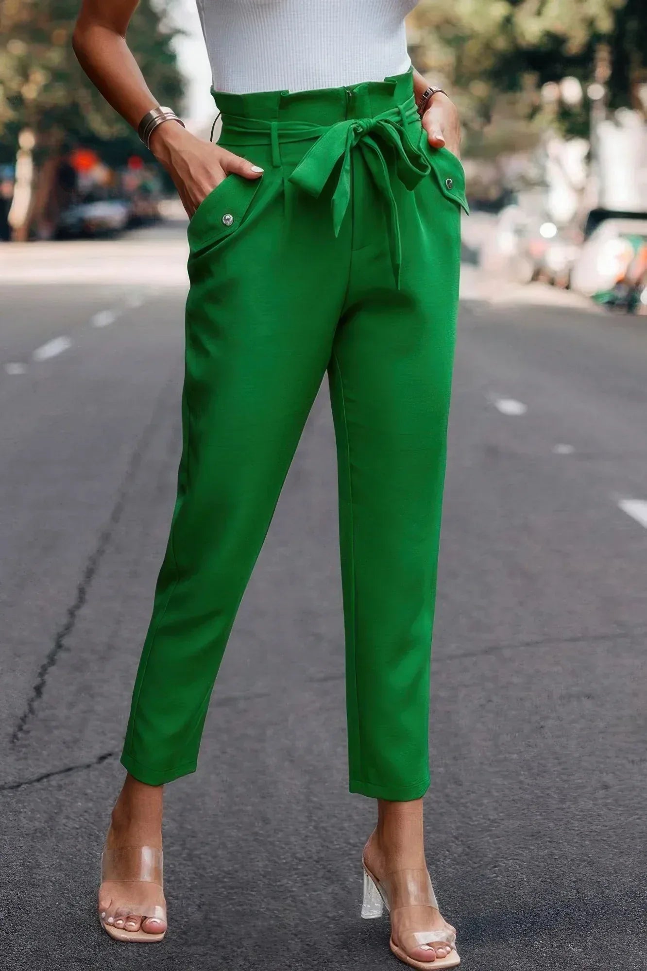 Ruffle Belt Pocket Solid Skinny Pants | Mixtshop LLC