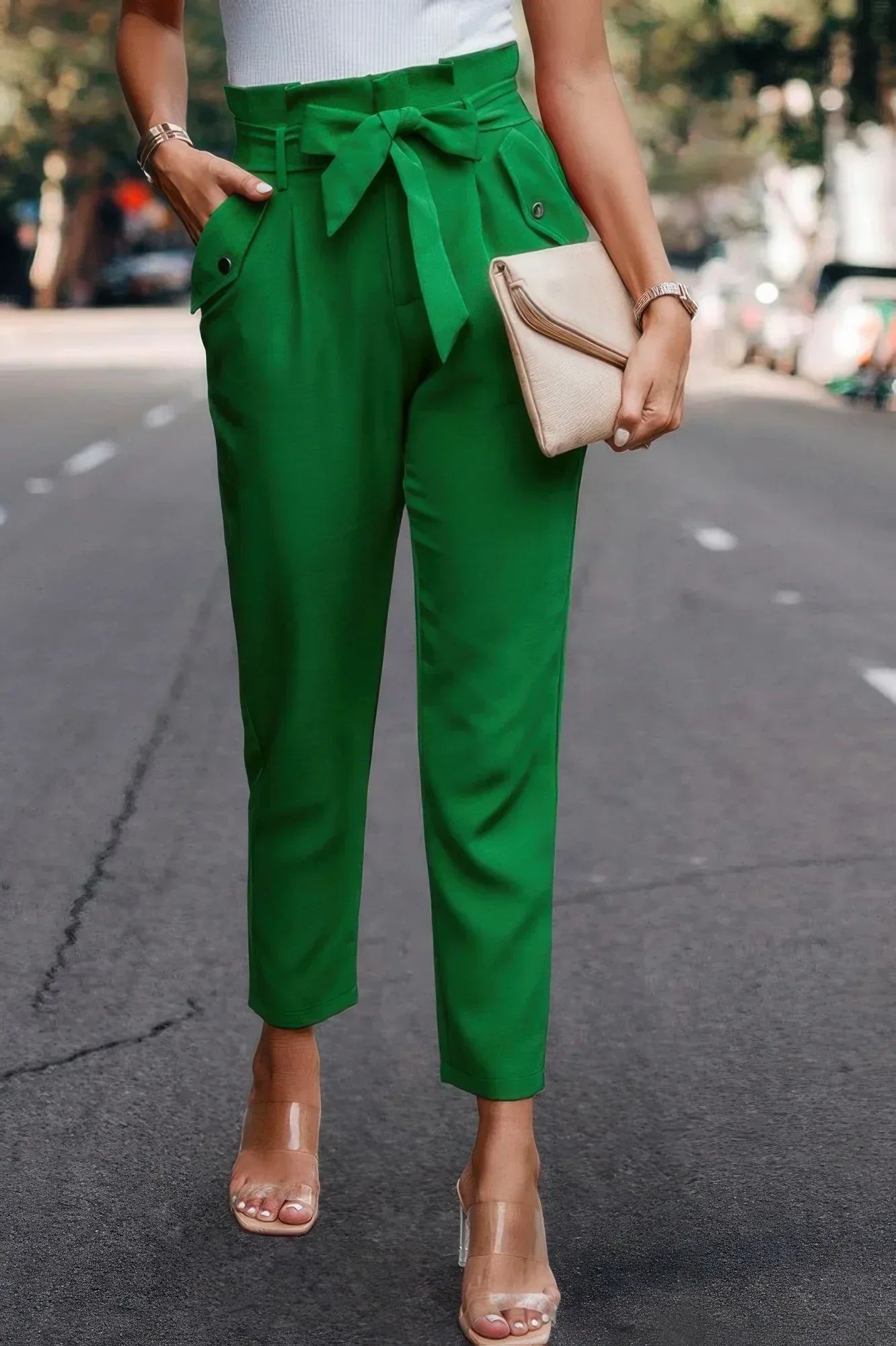 Ruffle Belt Pocket Solid Skinny Pants | Mixtshop LLC