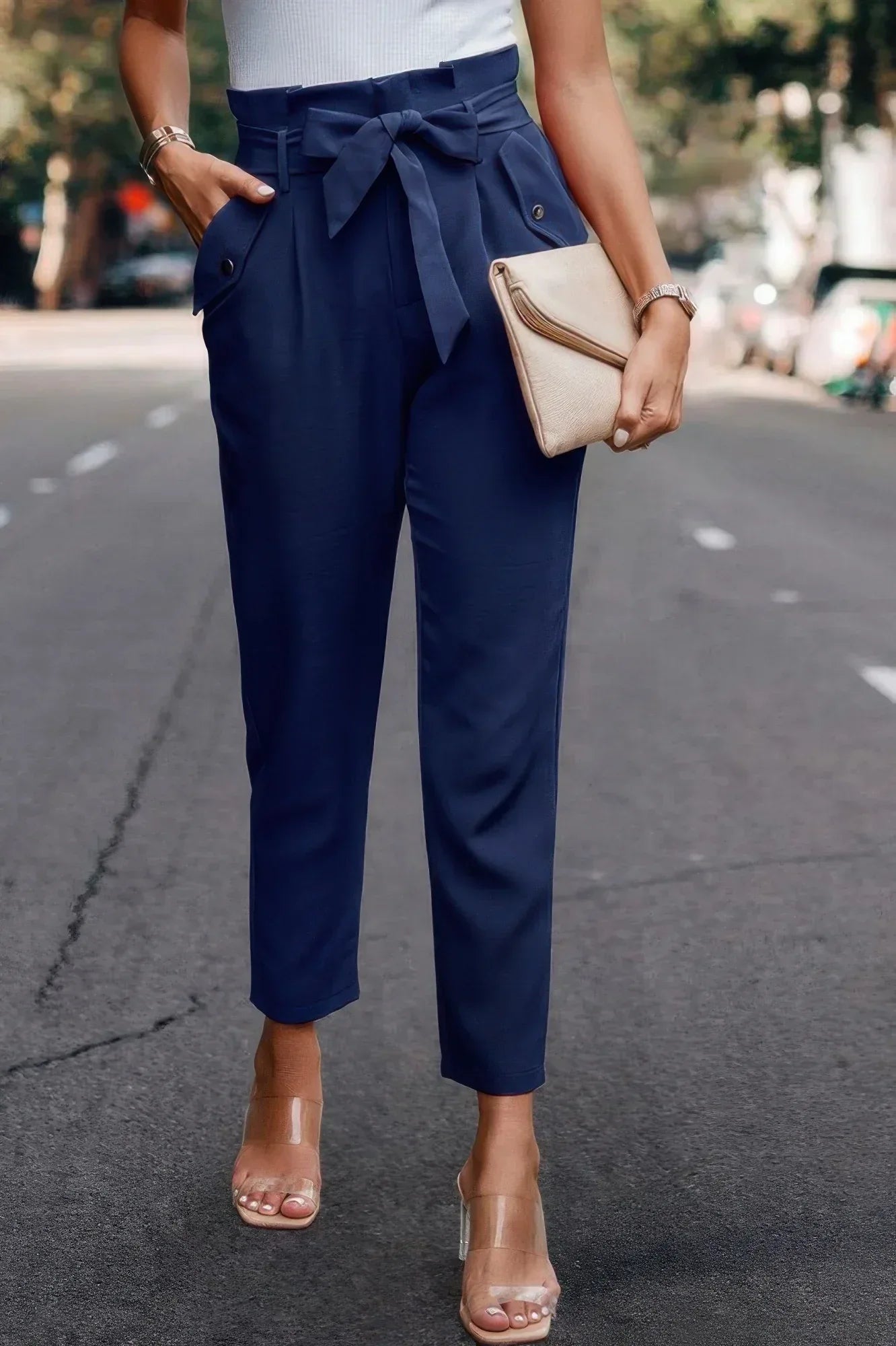 Ruffle Belt Pocket Solid Skinny Pants | Mixtshop LLC
