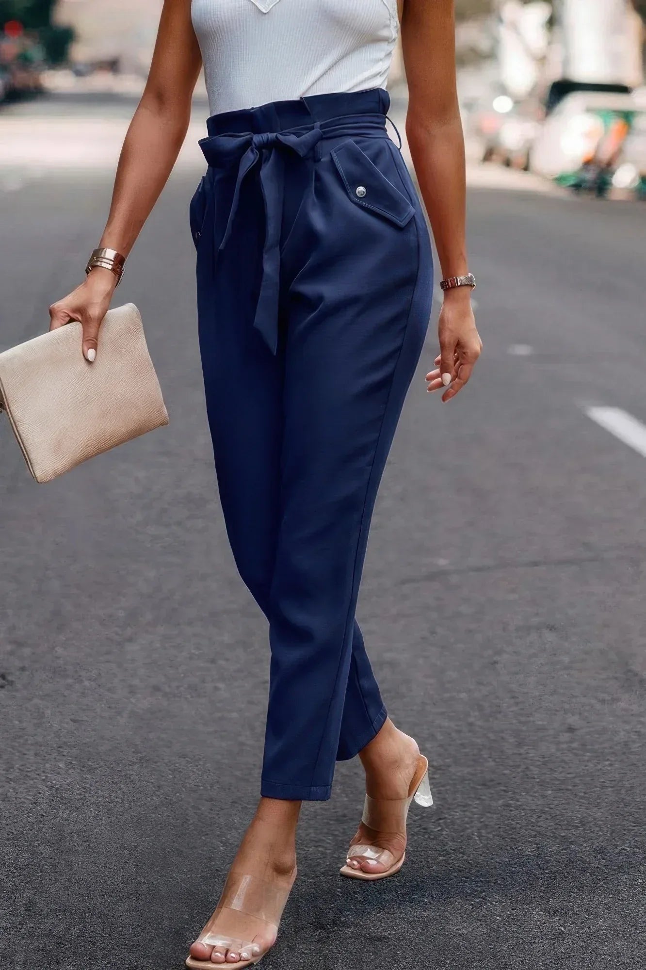 Ruffle Belt Pocket Solid Skinny Pants | Mixtshop LLC