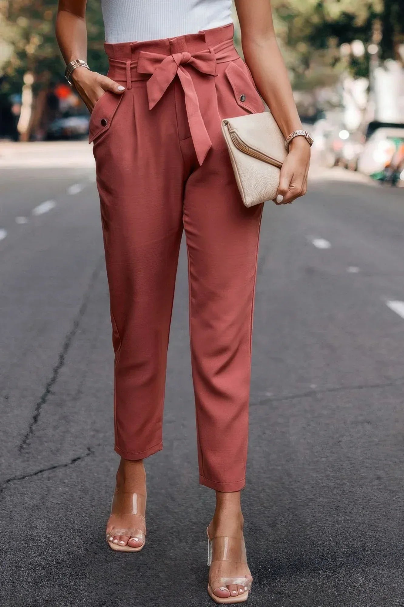 Ruffle Belt Pocket Solid Skinny Pants | Mixtshop LLC
