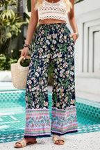 Floral Print Wide Stright Leg Pockets Elastic Pant | Mixtshop LLC