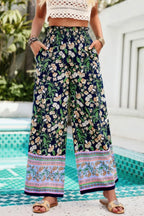Floral Print Wide Stright Leg Pockets Elastic Pant | Mixtshop LLC