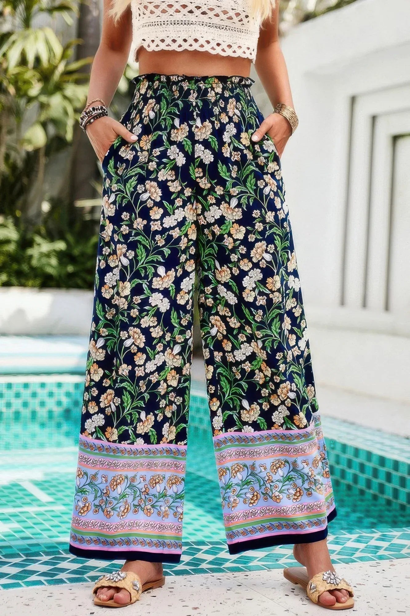 Floral Print Wide Stright Leg Pockets Elastic Pant | Mixtshop LLC