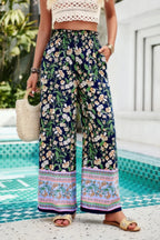 Floral Print Wide Stright Leg Pockets Elastic Pant | Mixtshop LLC