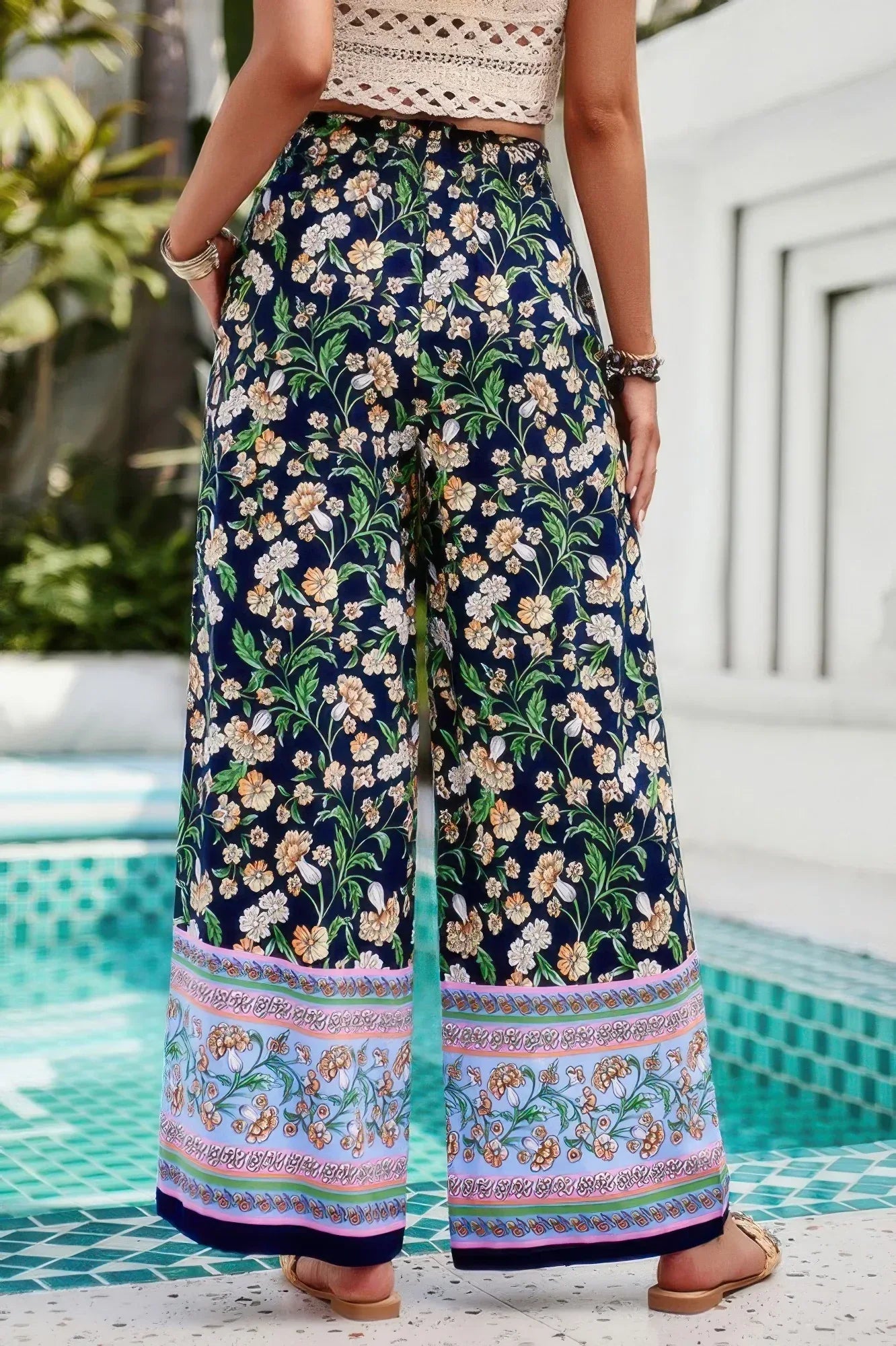 Floral Print Wide Stright Leg Pockets Elastic Pant | Mixtshop LLC