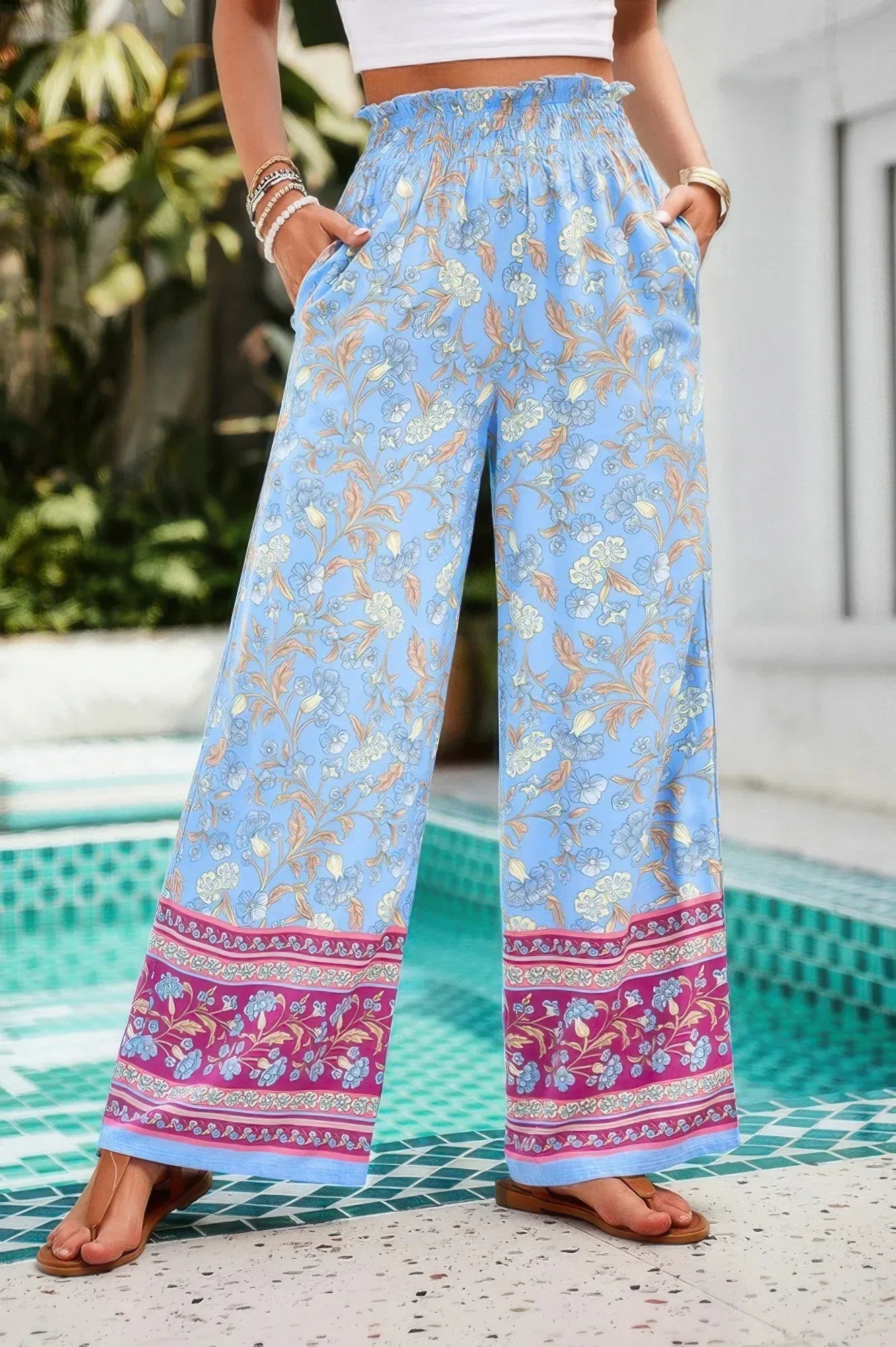 Floral Print Wide Stright Leg Pockets Elastic Pant | Mixtshop LLC