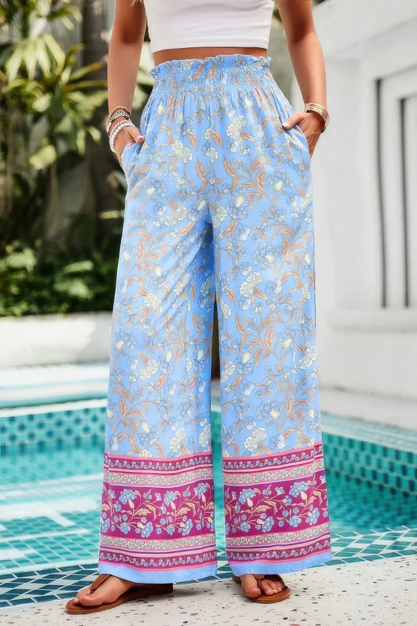 Floral Print Wide Stright Leg Pockets Elastic Pant | Mixtshop LLC