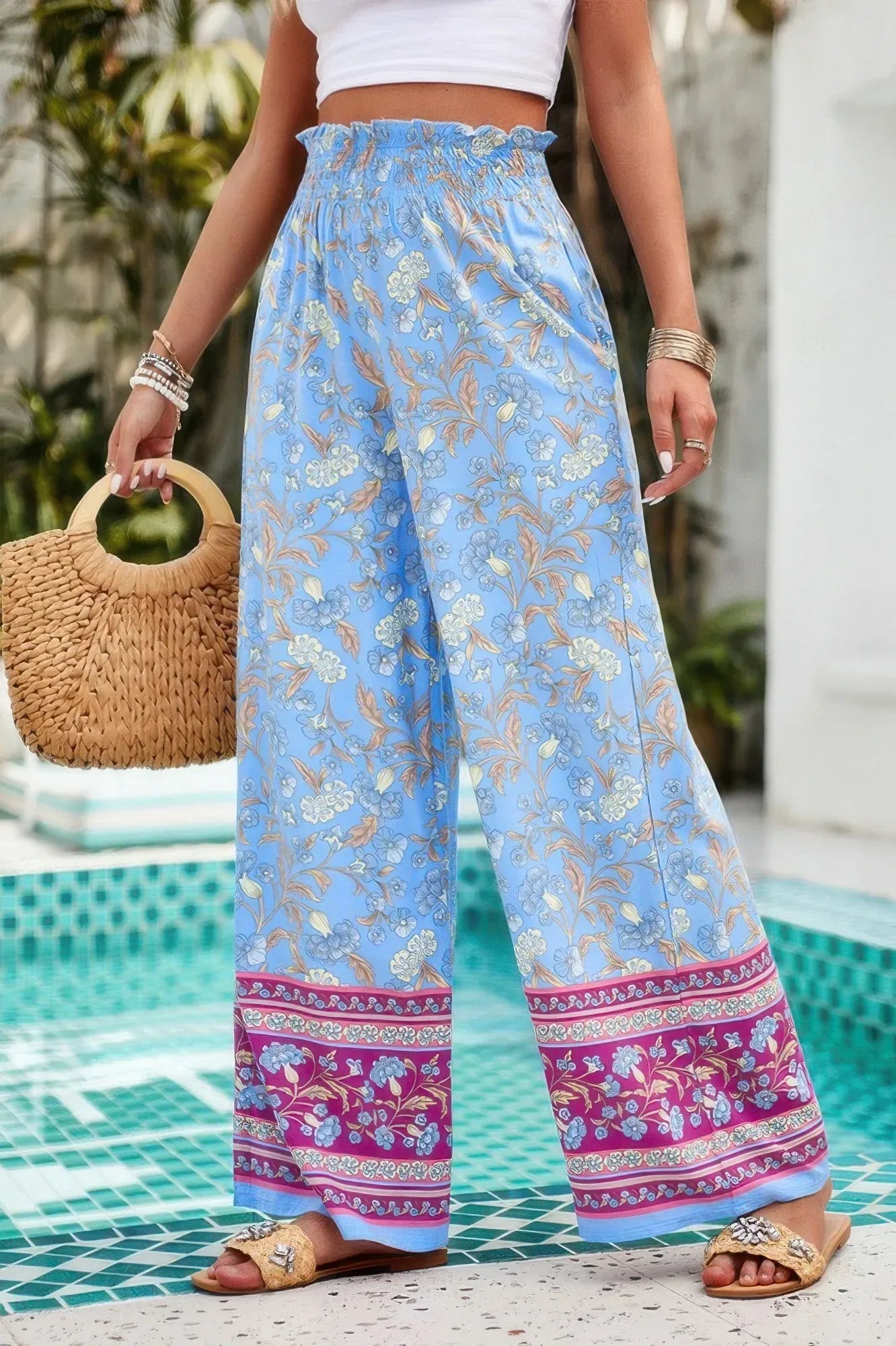 Floral Print Wide Stright Leg Pockets Elastic Pant | Mixtshop LLC