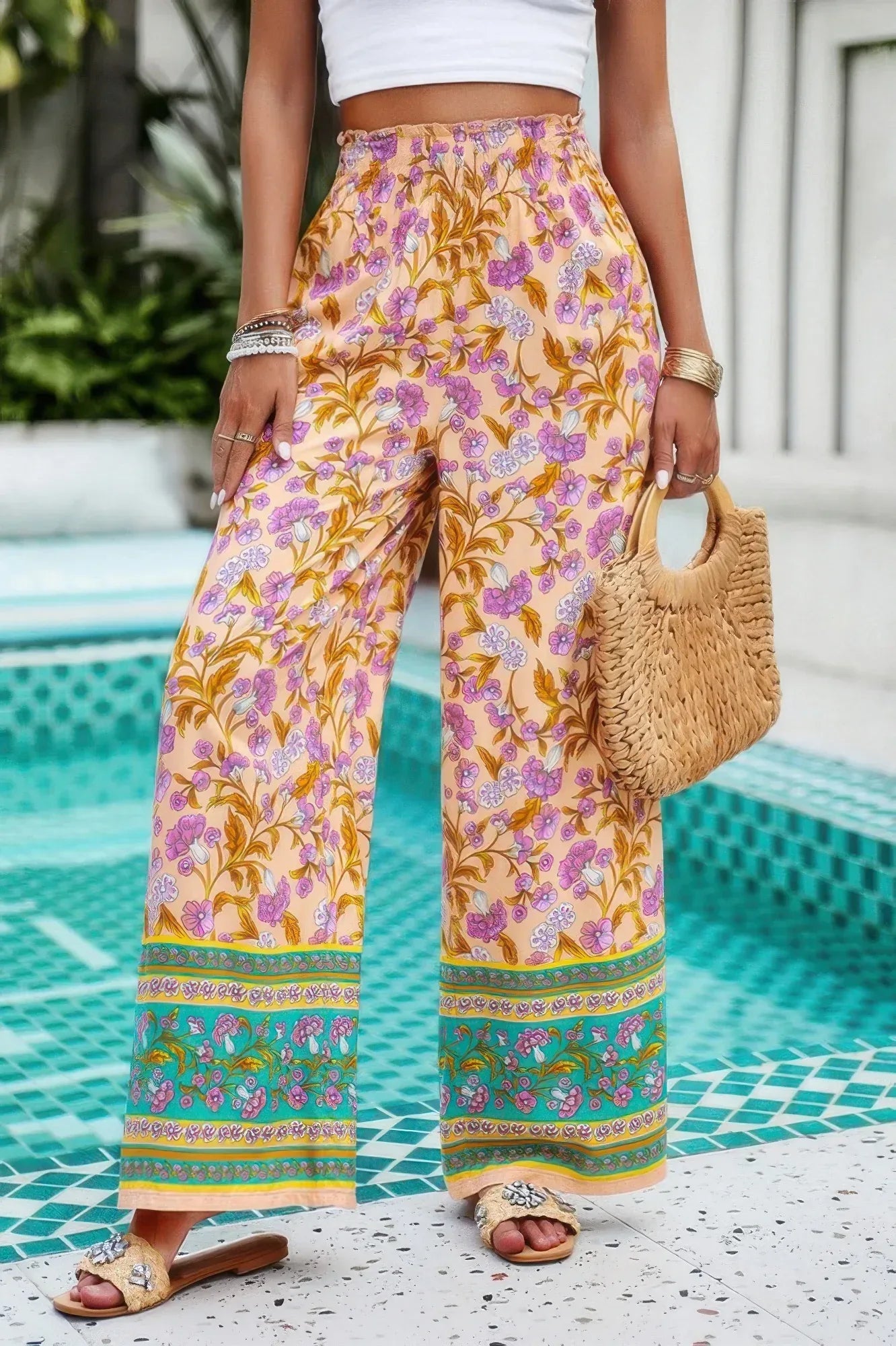 Floral Print Wide Stright Leg Pockets Elastic Pant | Mixtshop LLC
