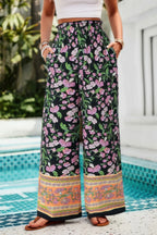 Floral Print Wide Stright Leg Pockets Elastic Pant | Mixtshop LLC