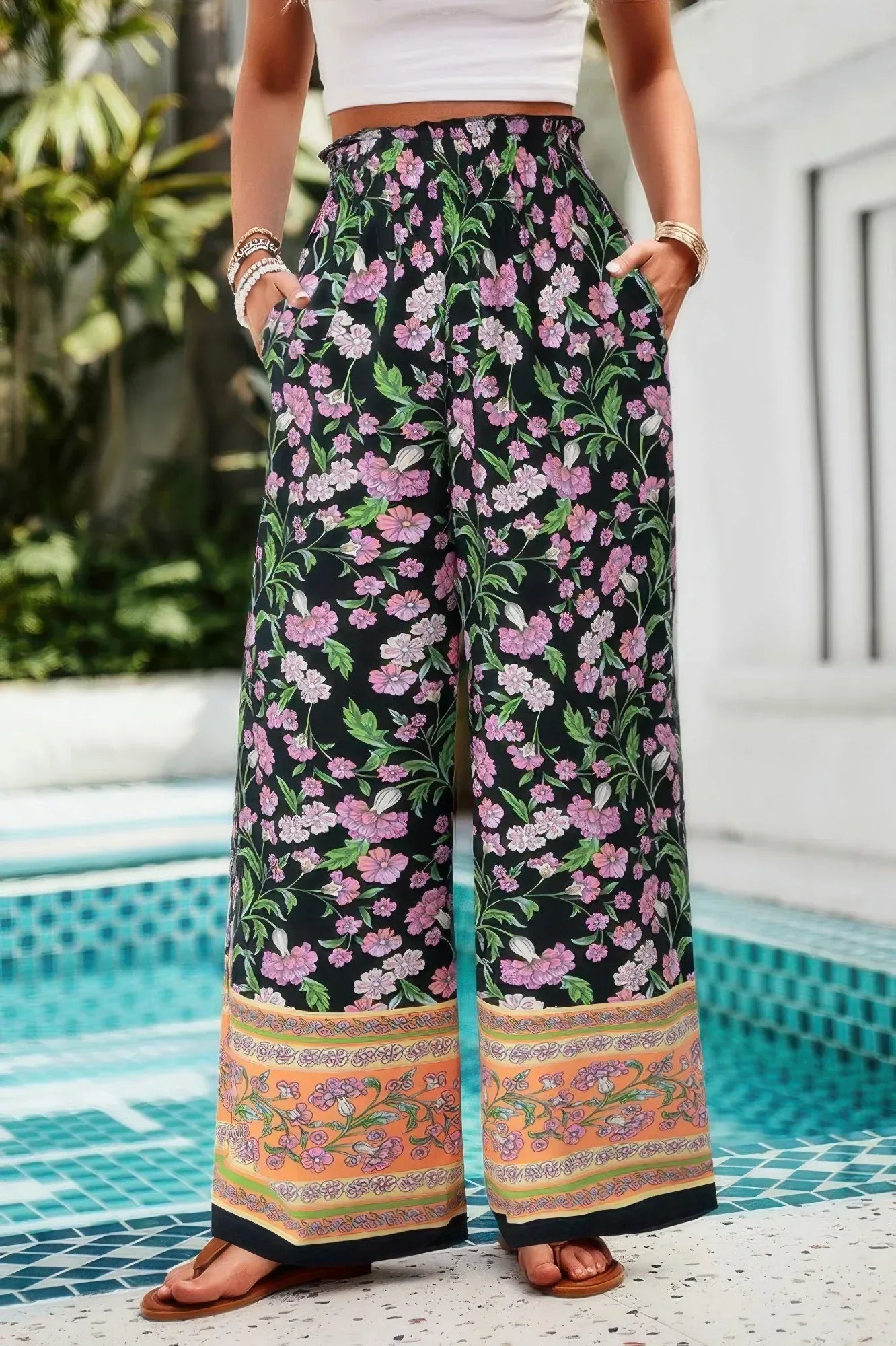 Floral Print Wide Stright Leg Pockets Elastic Pant | Mixtshop LLC