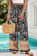Floral Print Wide Stright Leg Pockets Elastic Pant | Mixtshop LLC