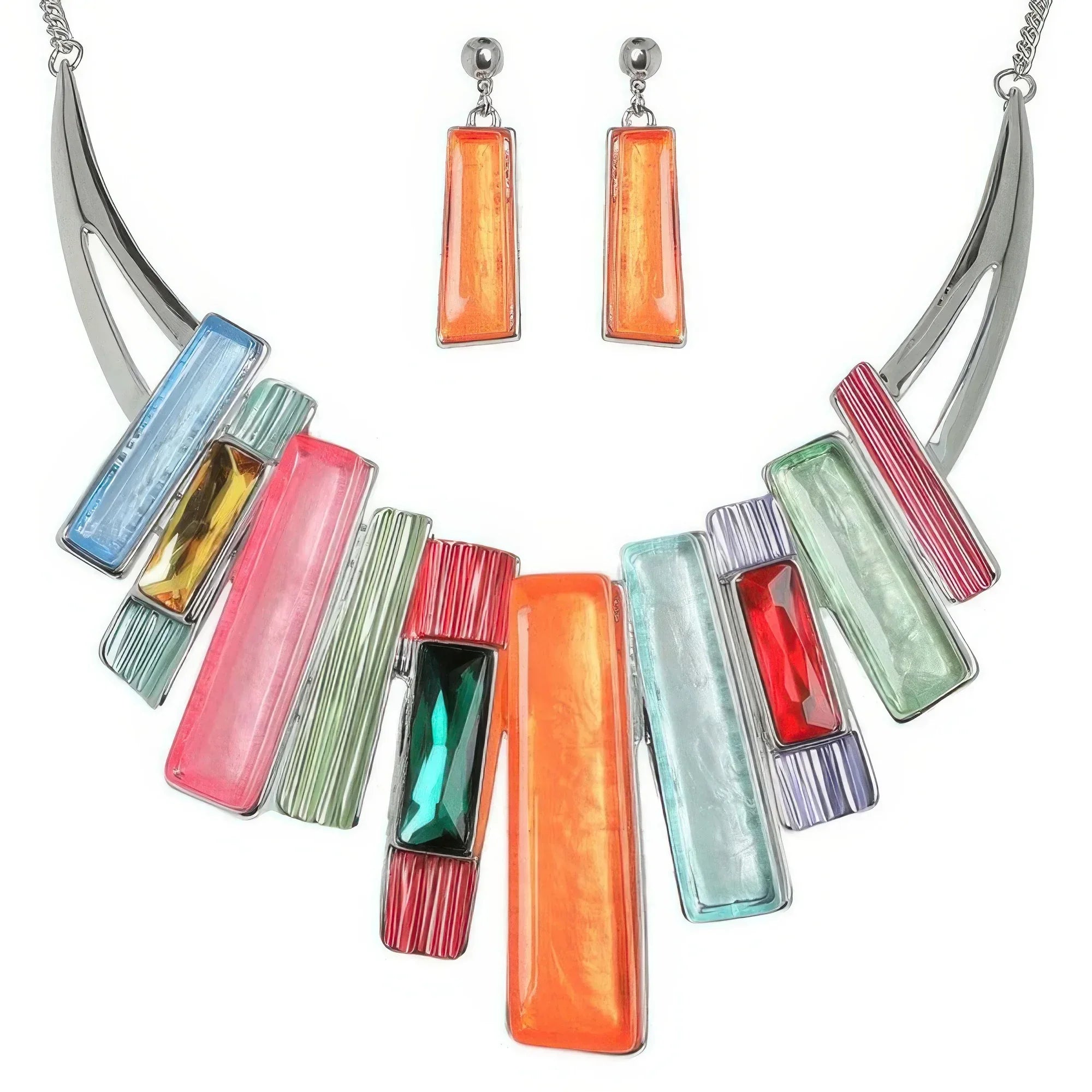 Geometric Fringe Gemstone Metal Bib Necklace Set | Mixtshop LLC