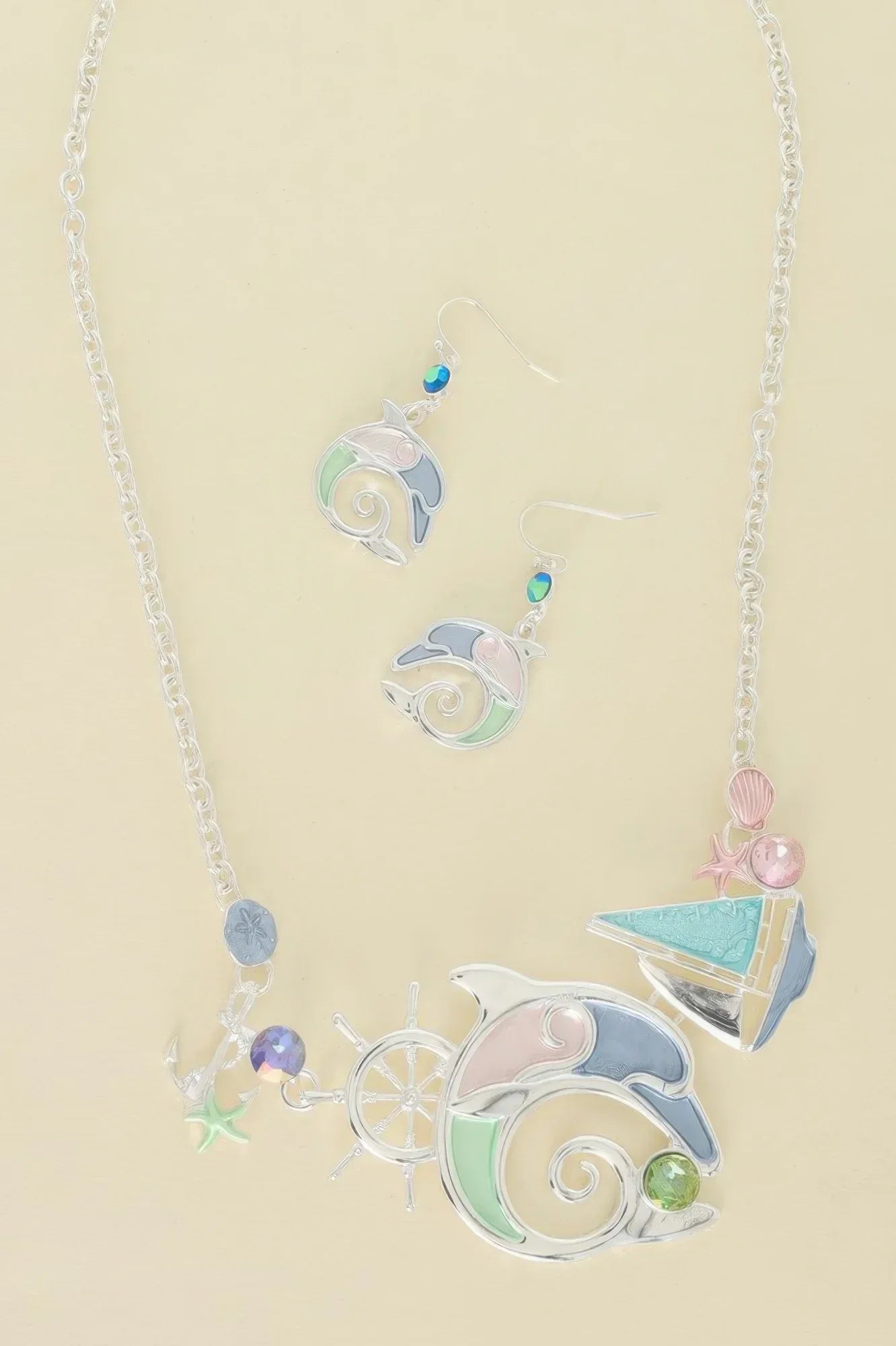 Sea Life Dolphin Rhinestone Metal Bib Necklace Set | Mixtshop LLC