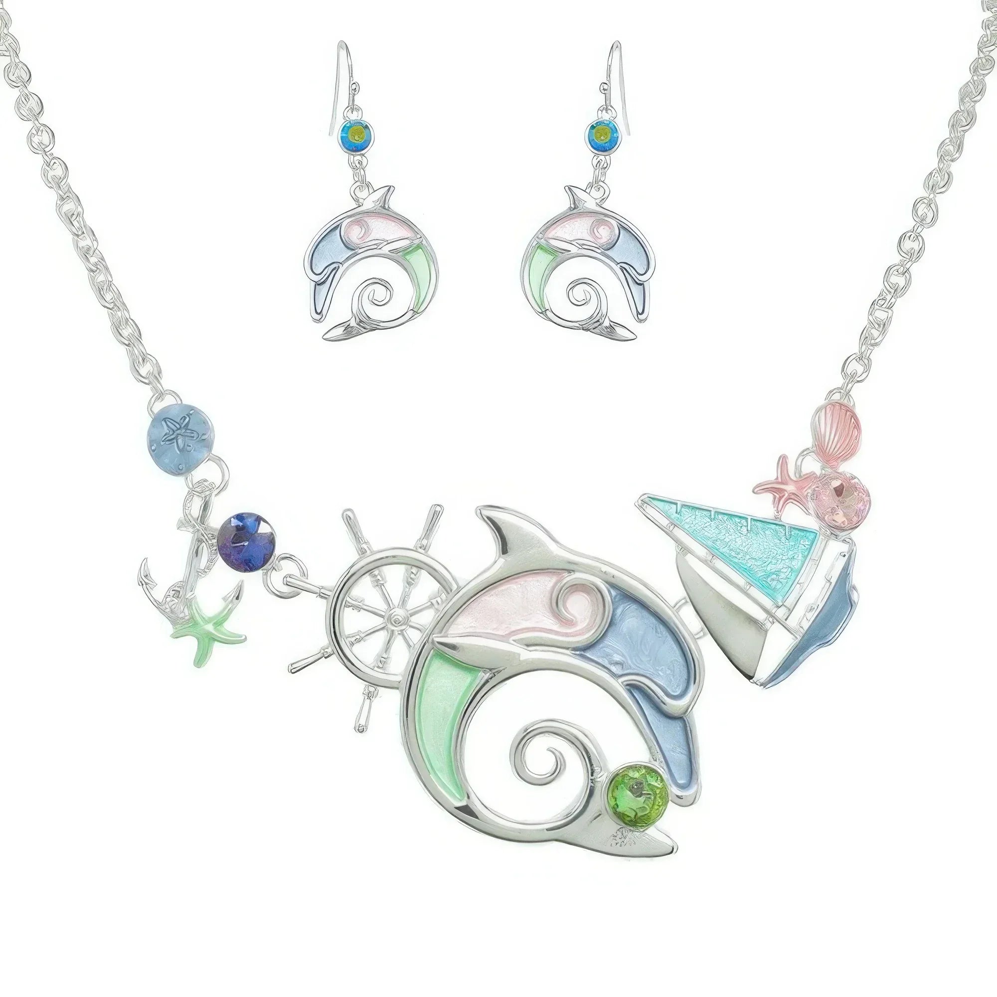 Sea Life Dolphin Rhinestone Metal Bib Necklace Set Secondary image