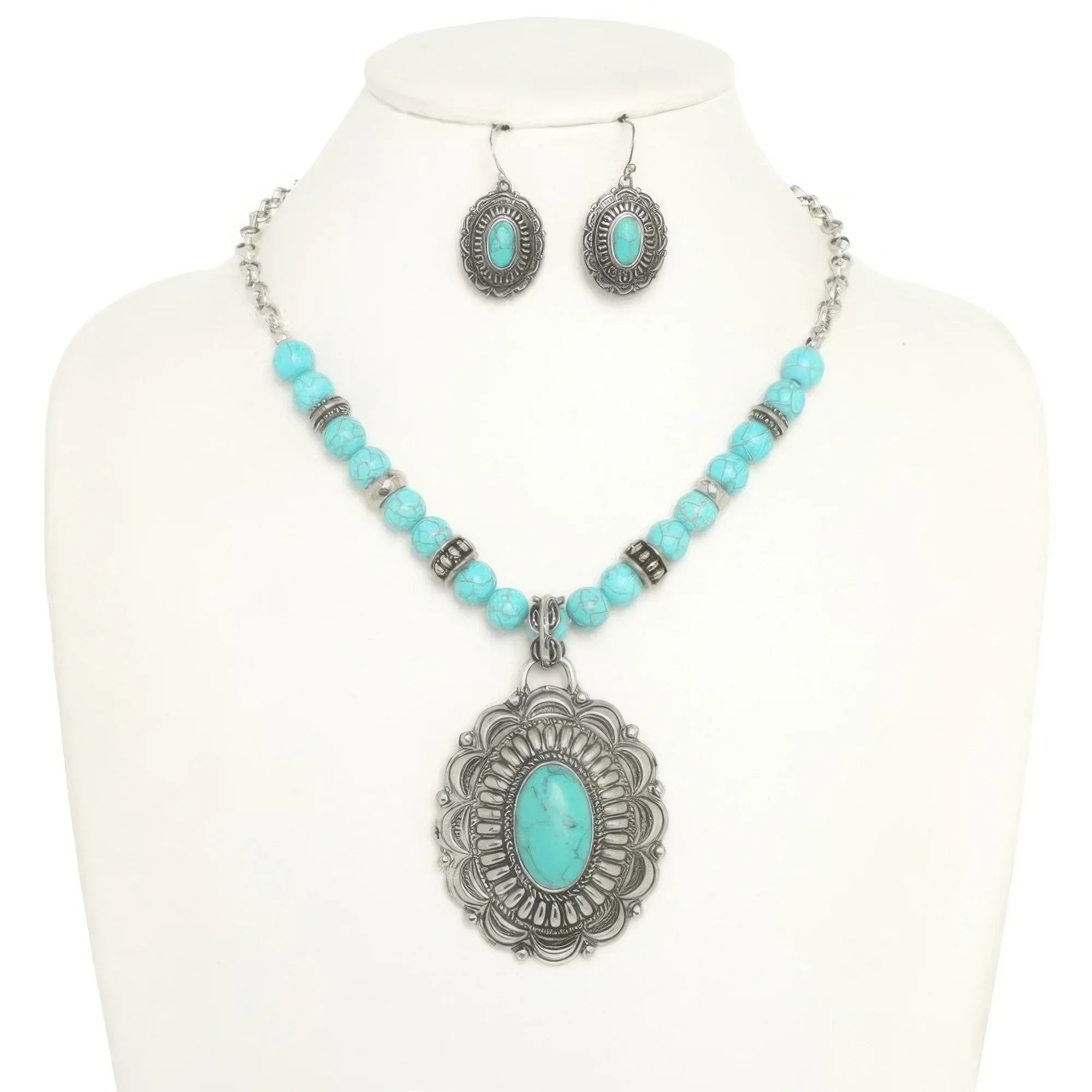 Western Oval Turquoise Concho Beaded Necklace Set | Mixtshop LLC