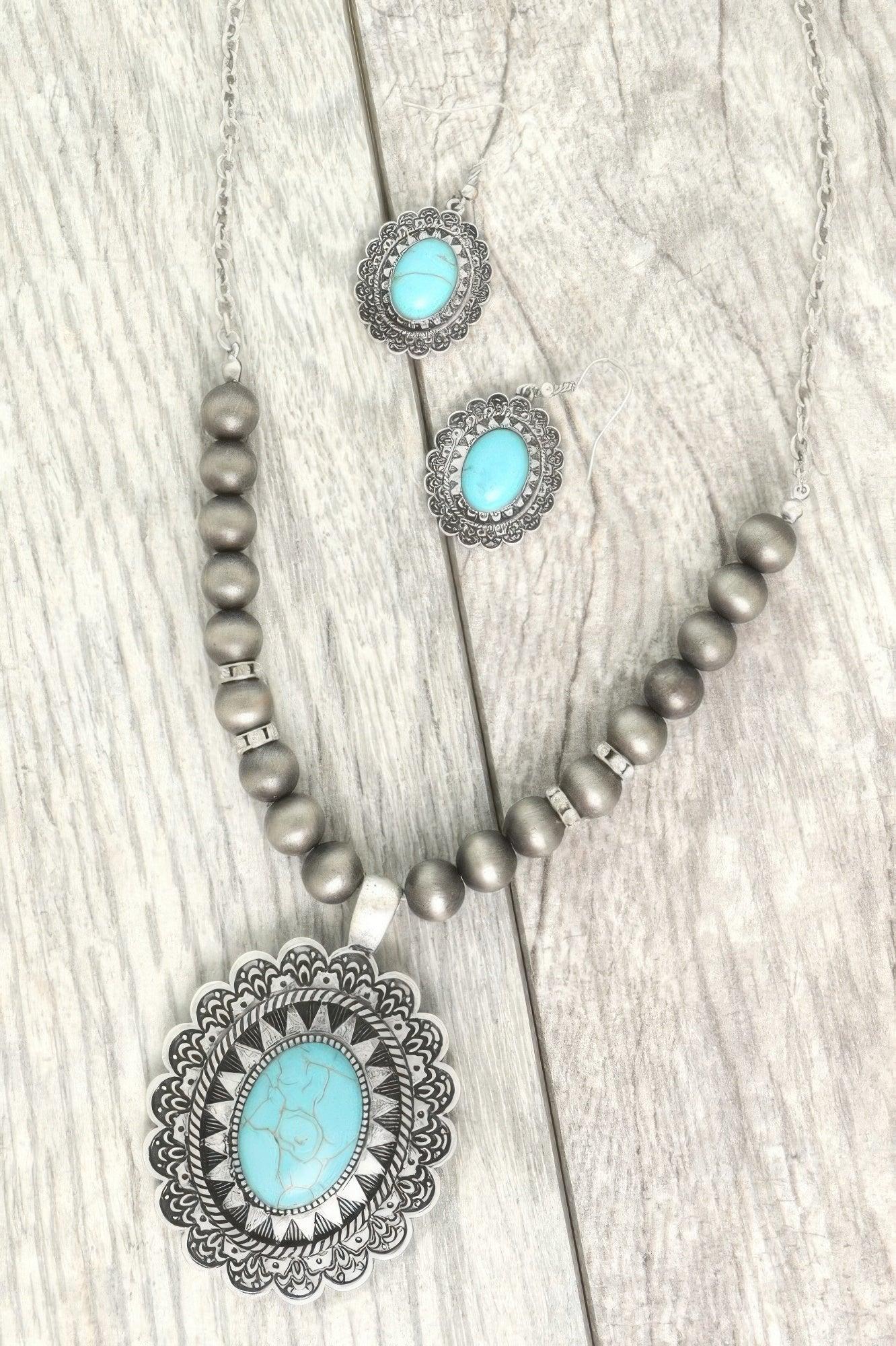 Western Oval Turquoise Concho Beaded Necklace Set | Mixtshop LLC