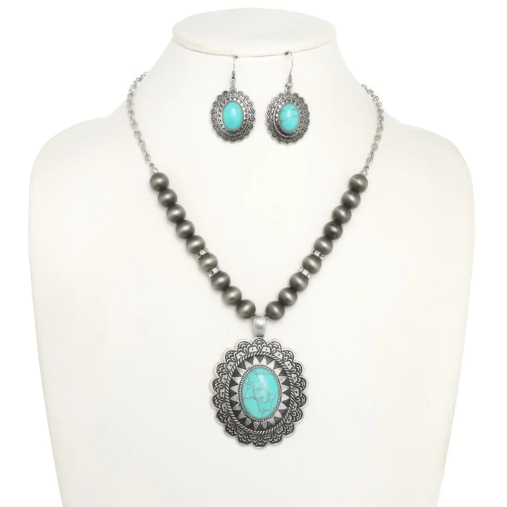 Western Oval Turquoise Concho Beaded Necklace Set Secondary image
