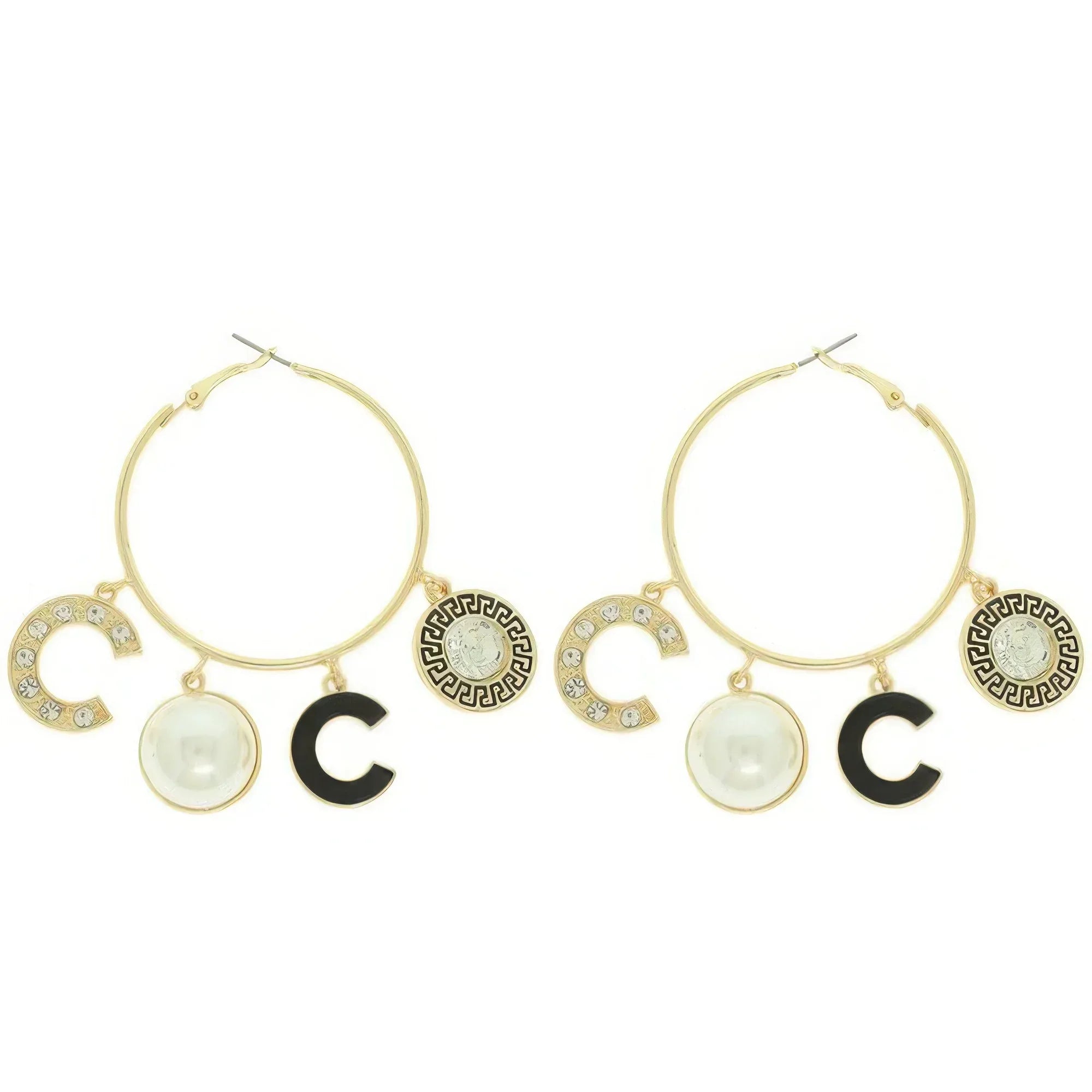Fashionista Greek Key Jeweled Charm Hoop Earrings | Mixtshop LLC Main image