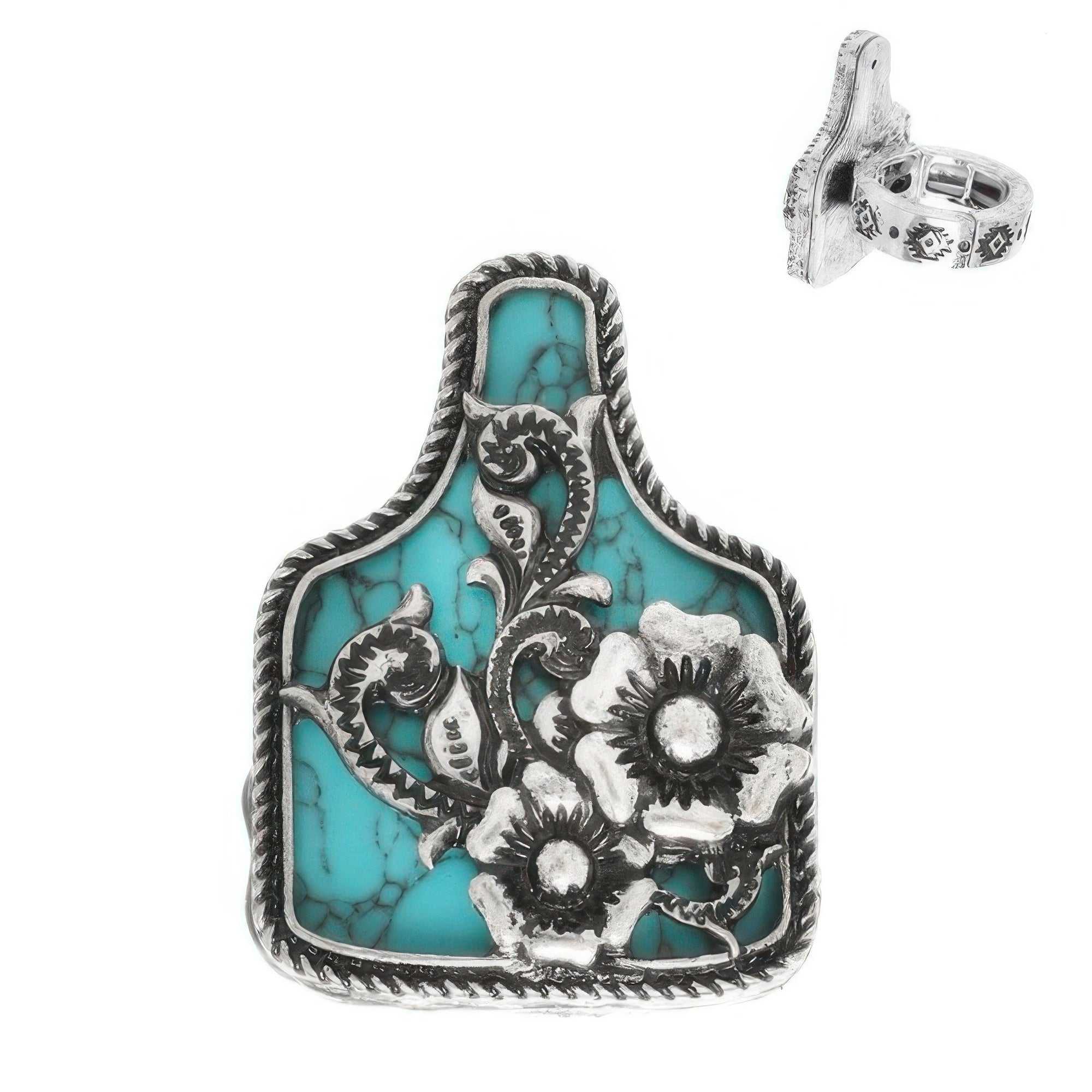 Western Floral Cattle Tag Stretch Ring Secondary image