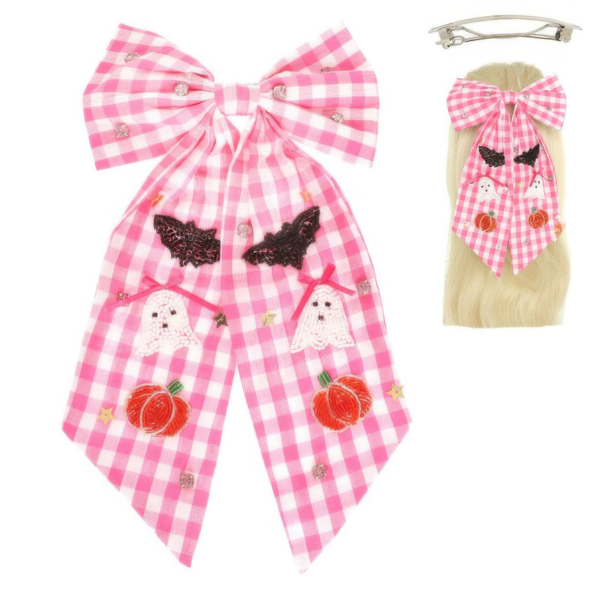 Halloween Gingham Theme Bow Ribbon Barrette Clip Secondary image