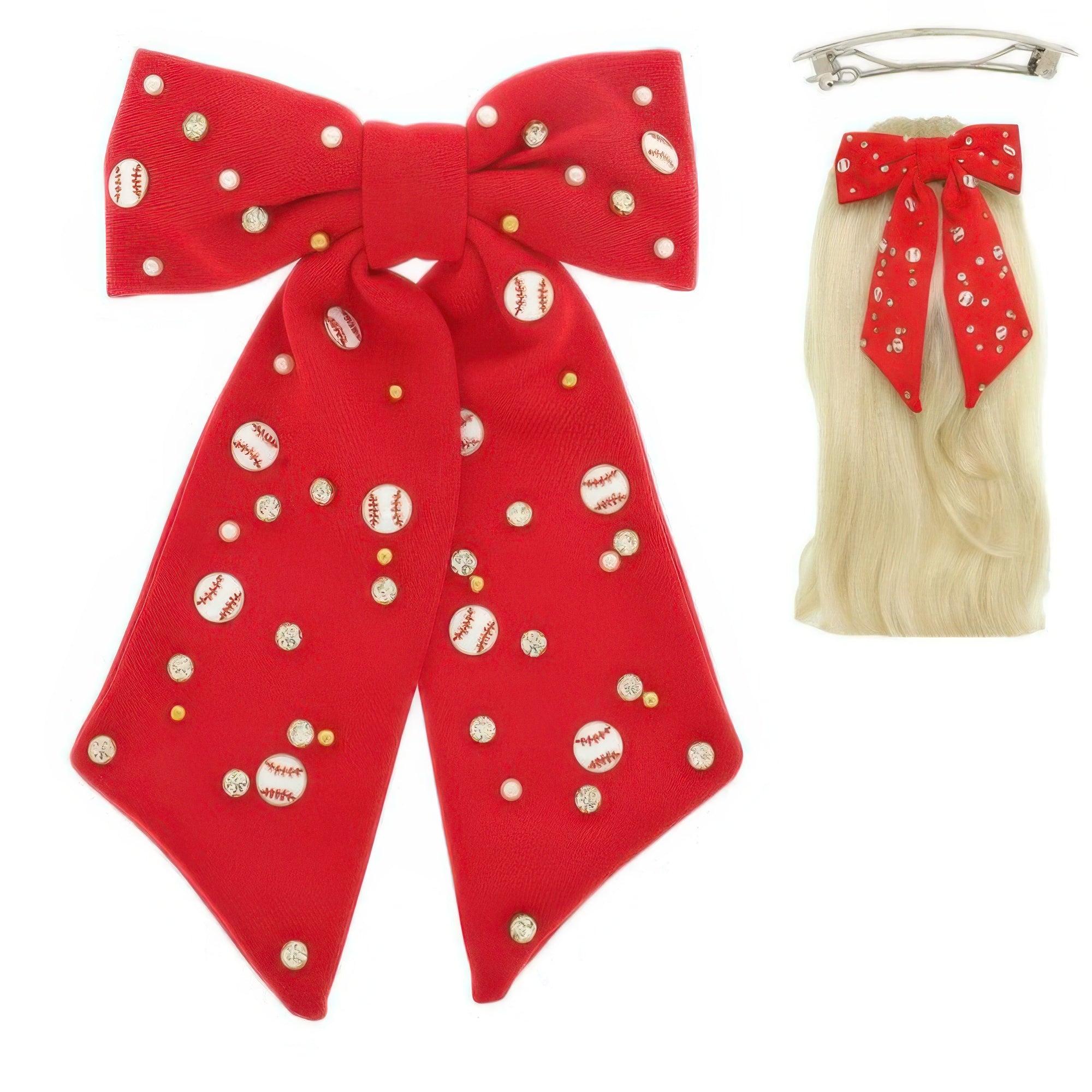 Gane Day Jeweled Baseball Bow Barrette Hair Clip Secondary image