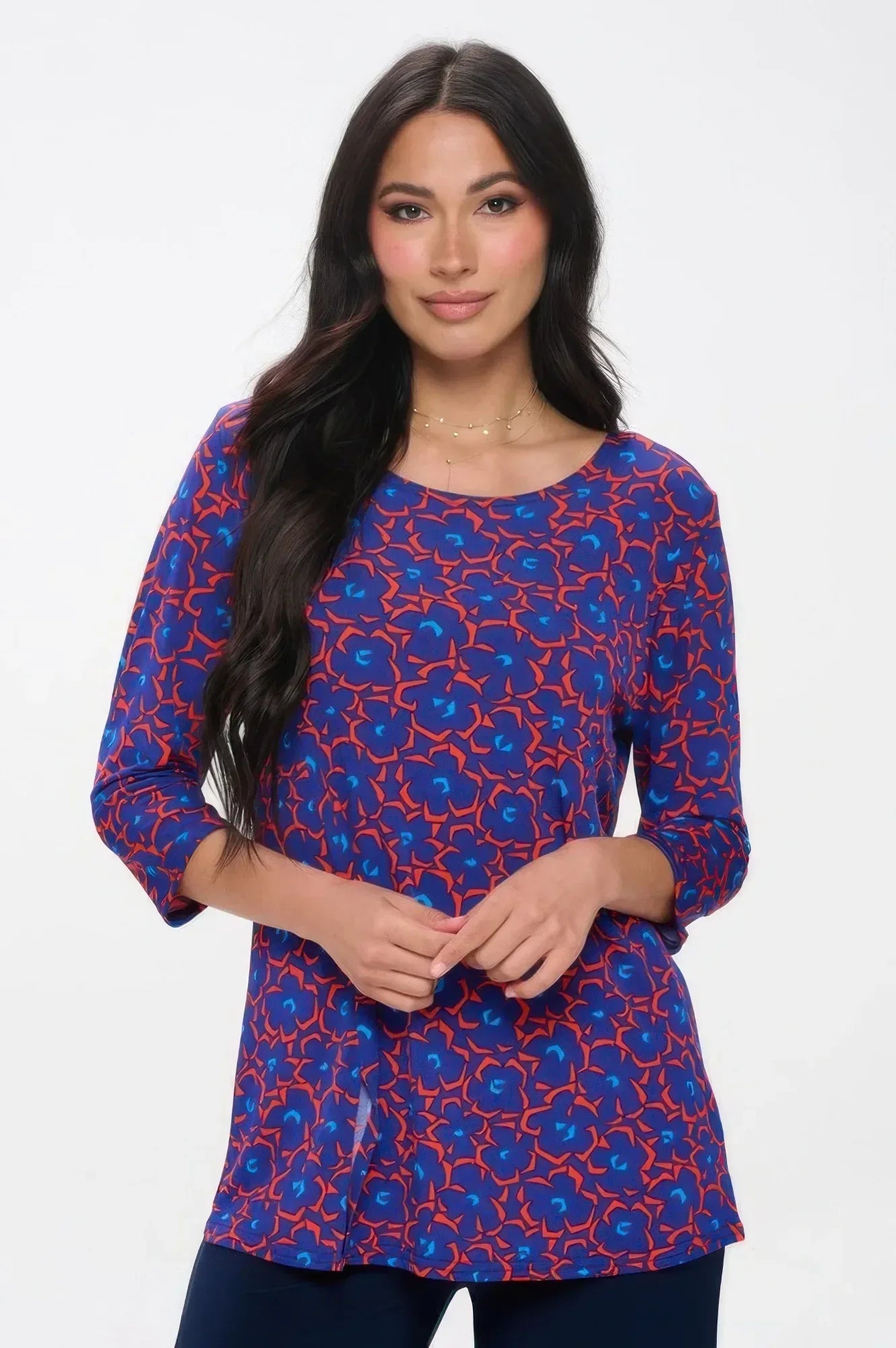 Plus Size Round Neck 3/4 Sleeve Slit Top | Mixtshop LLC Main image