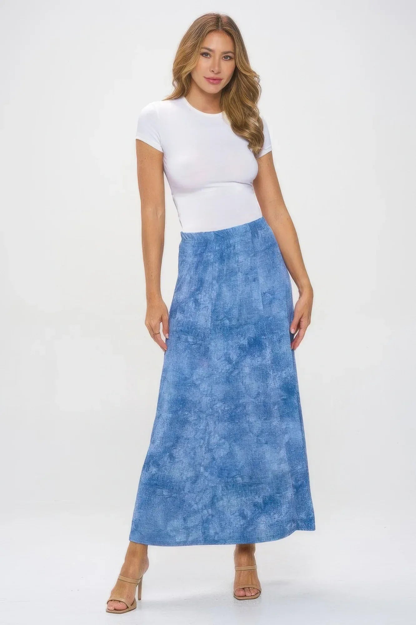 Elastic Waistband Denim Print Long Flared Skirt | Mixtshop LLC Main image