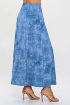 Elastic Waistband Denim Print Long Flared Skirt | Mixtshop LLC