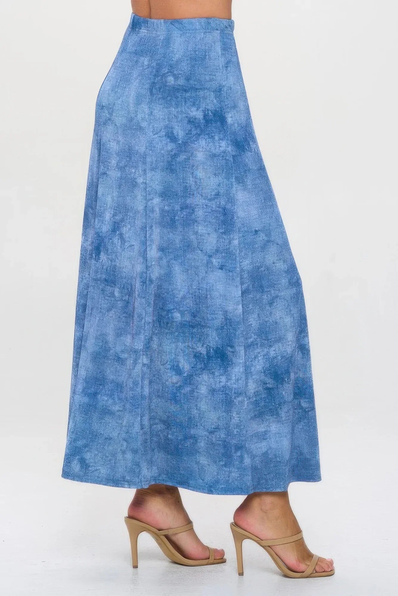 Elastic Waistband Denim Print Long Flared Skirt | Mixtshop LLC
