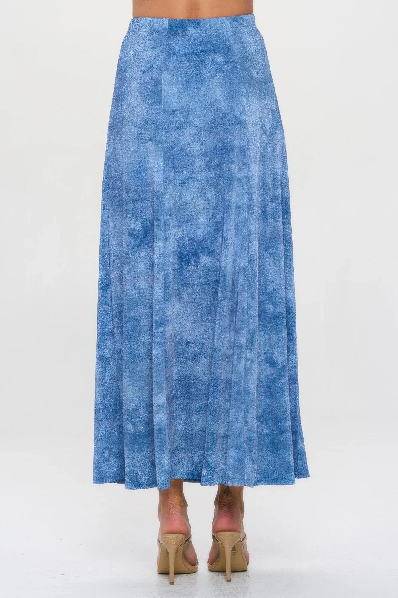 Elastic Waistband Denim Print Long Flared Skirt | Mixtshop LLC