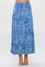 Elastic Waistband Denim Print Long Flared Skirt | Mixtshop LLC