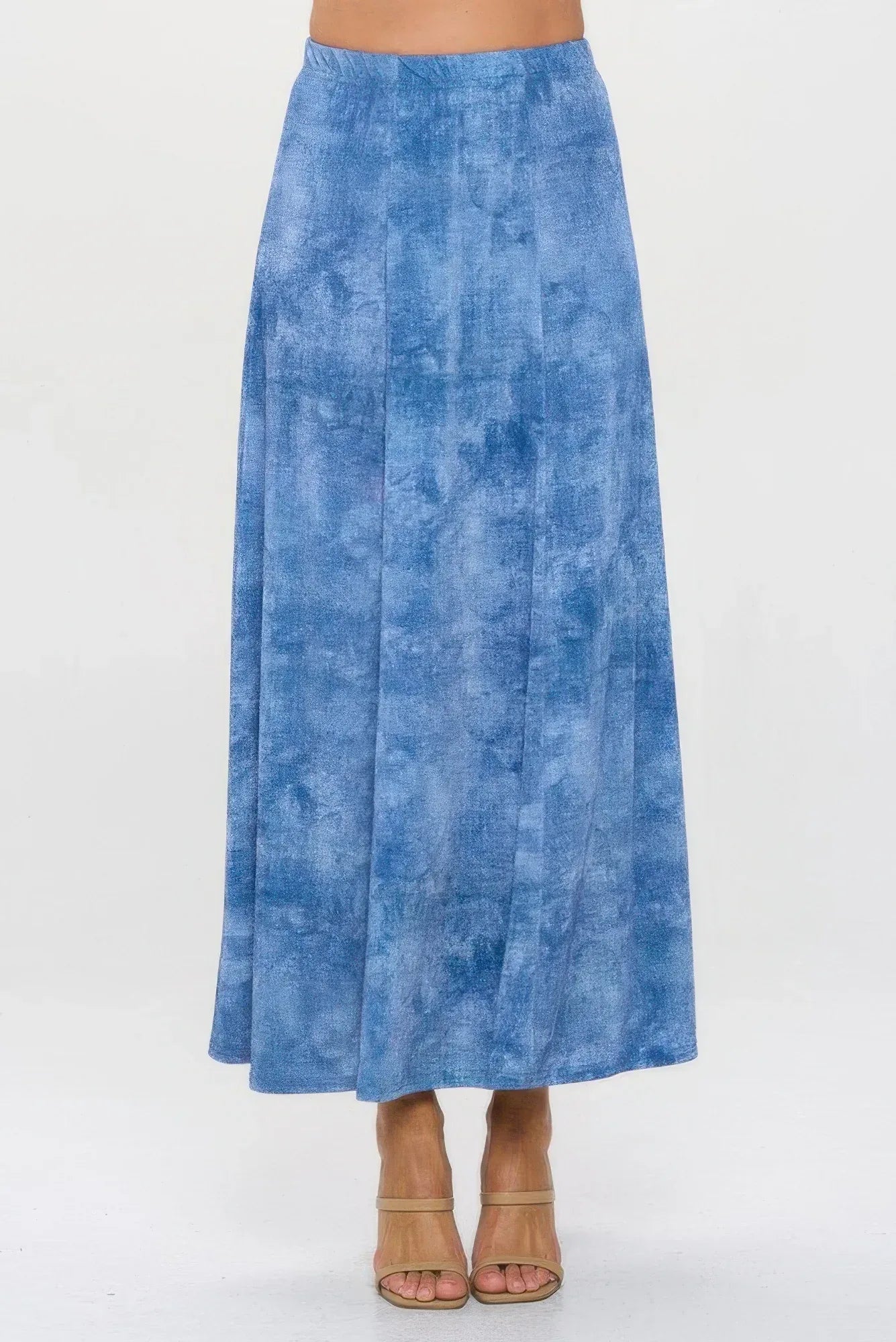 Elastic Waistband Denim Print Long Flared Skirt | Mixtshop LLC