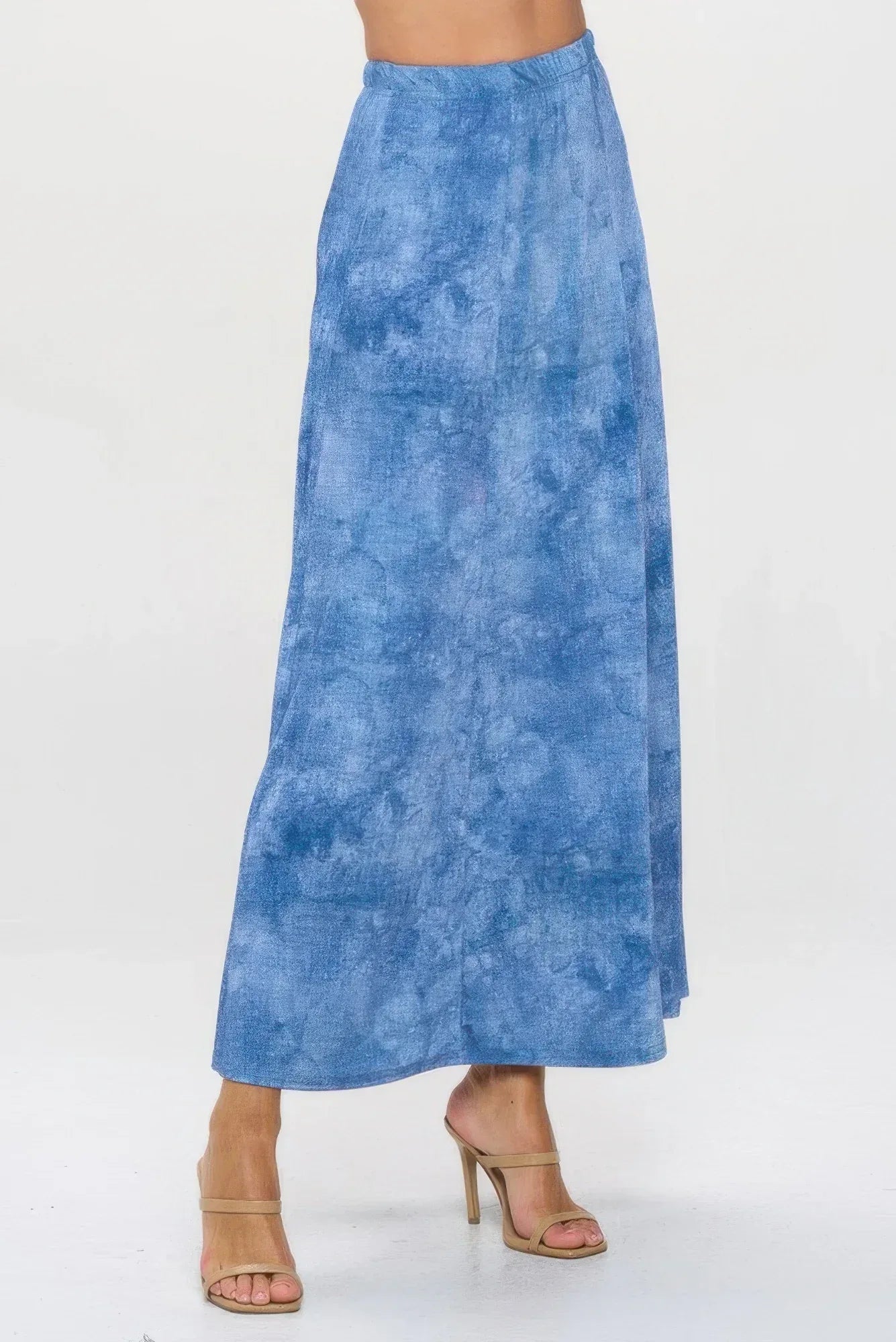 Elastic Waistband Denim Print Long Flared Skirt | Mixtshop LLC