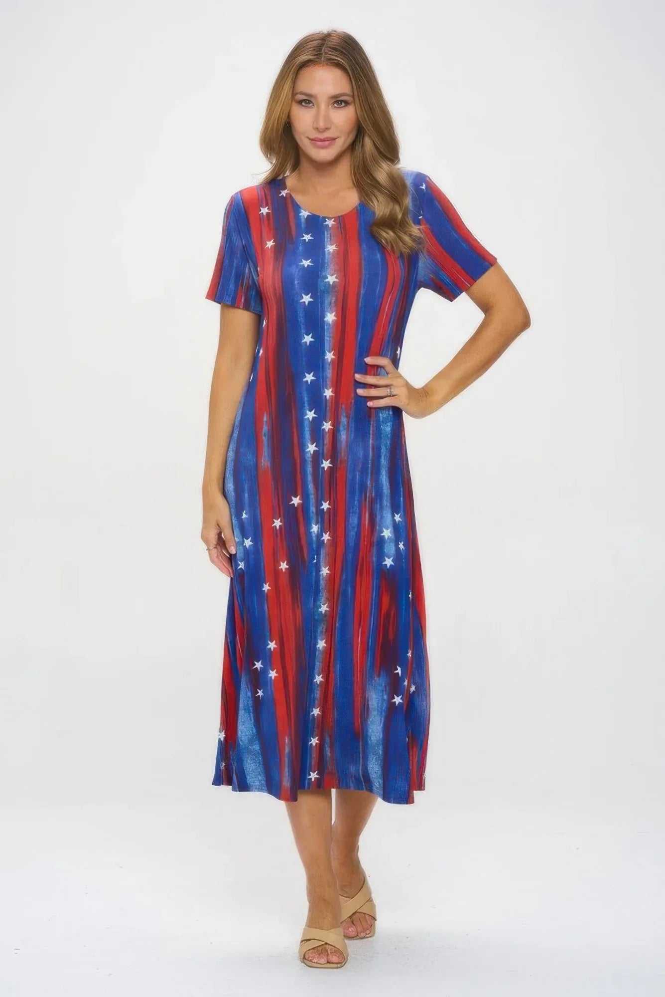 American Flag Print Short Sleeve Long Dress | Mixtshop LLC