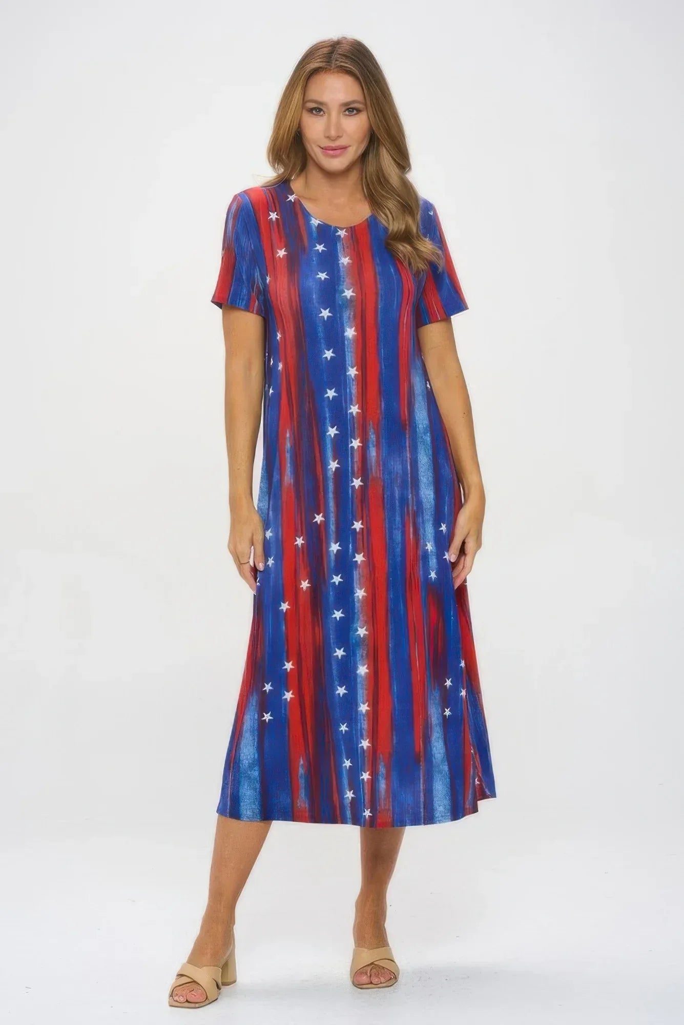 American Flag Print Short Sleeve Long Dress | Mixtshop LLC