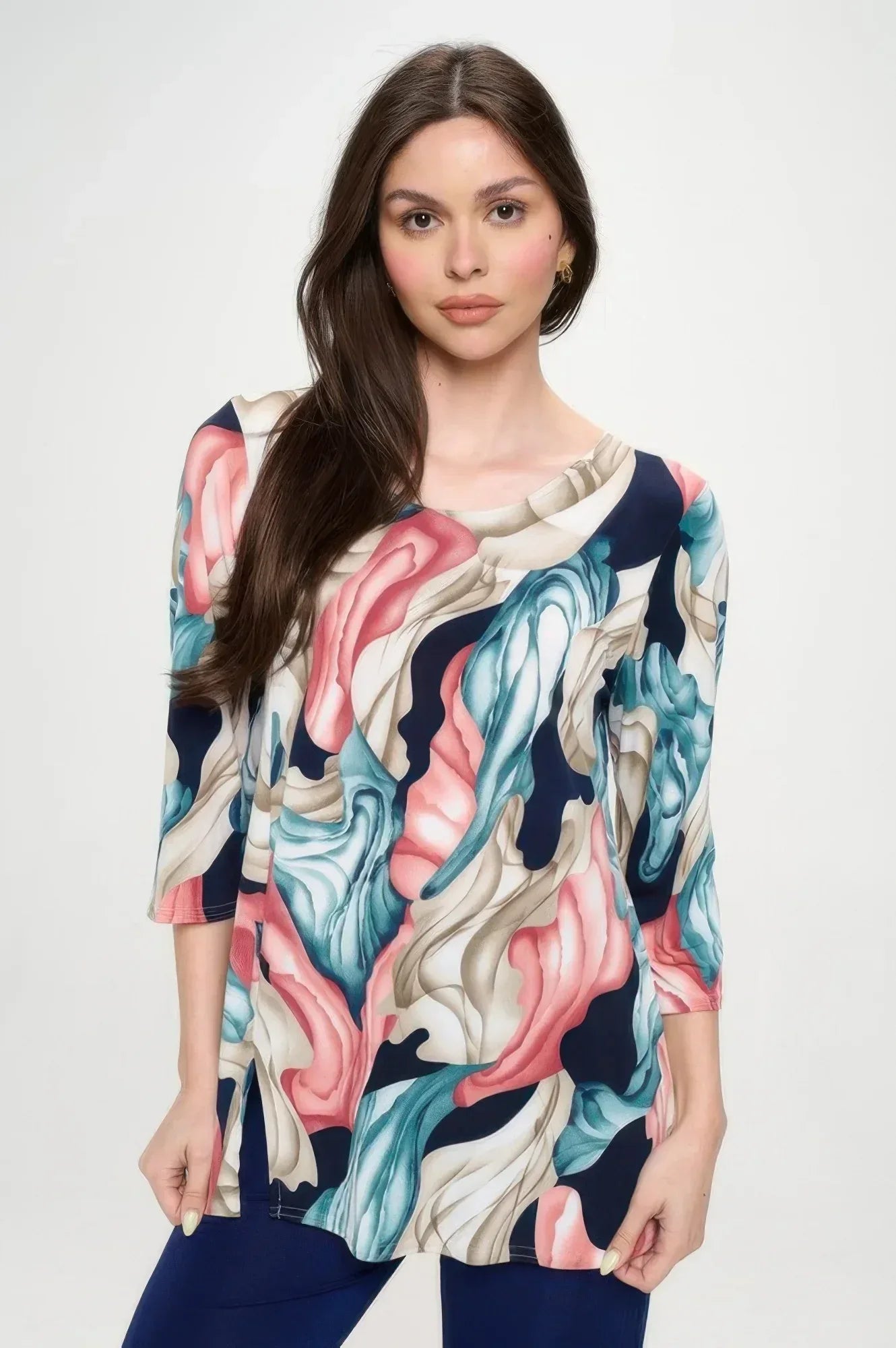Hit Round Neck 3/4 Sleeve Slit Top | Mixtshop LLC Main image