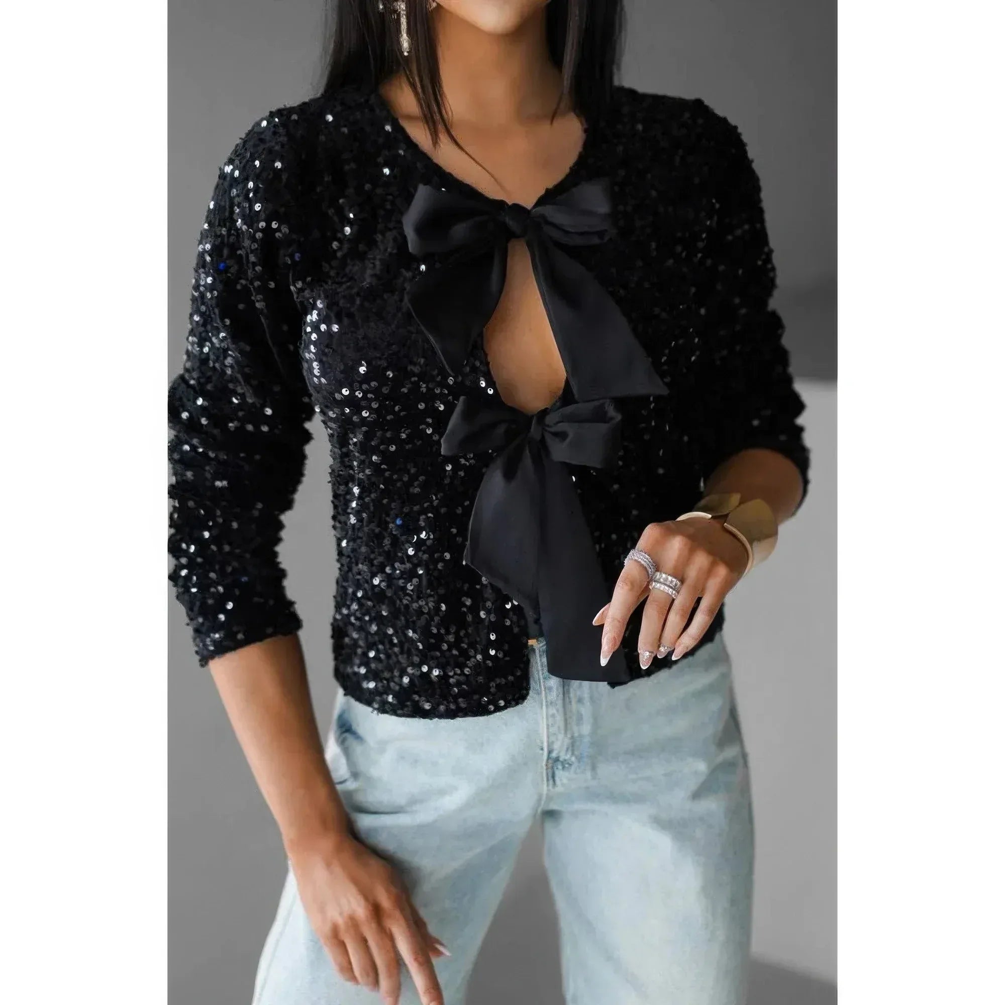 V Neck Sparkly Bolero Cropped Tie Front Jacket | Mixtshop LLC