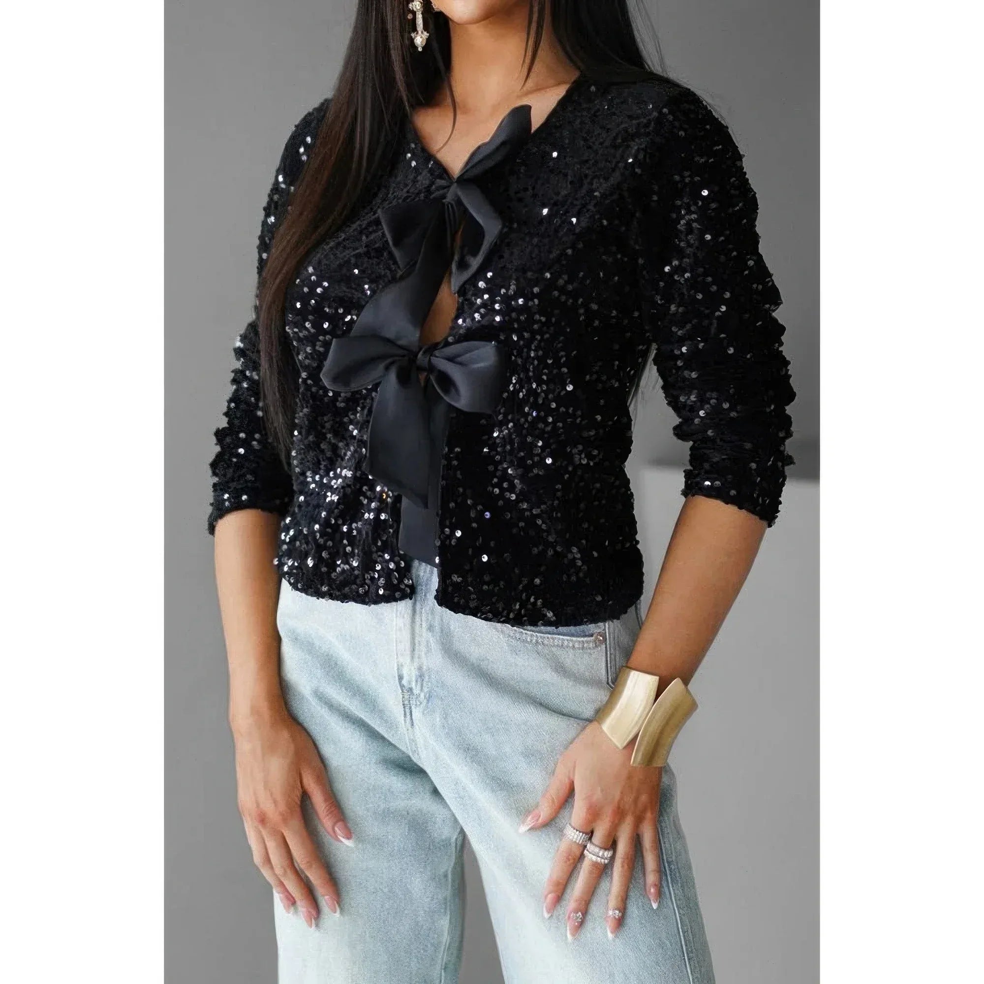V Neck Sparkly Bolero Cropped Tie Front Jacket | Mixtshop LLC