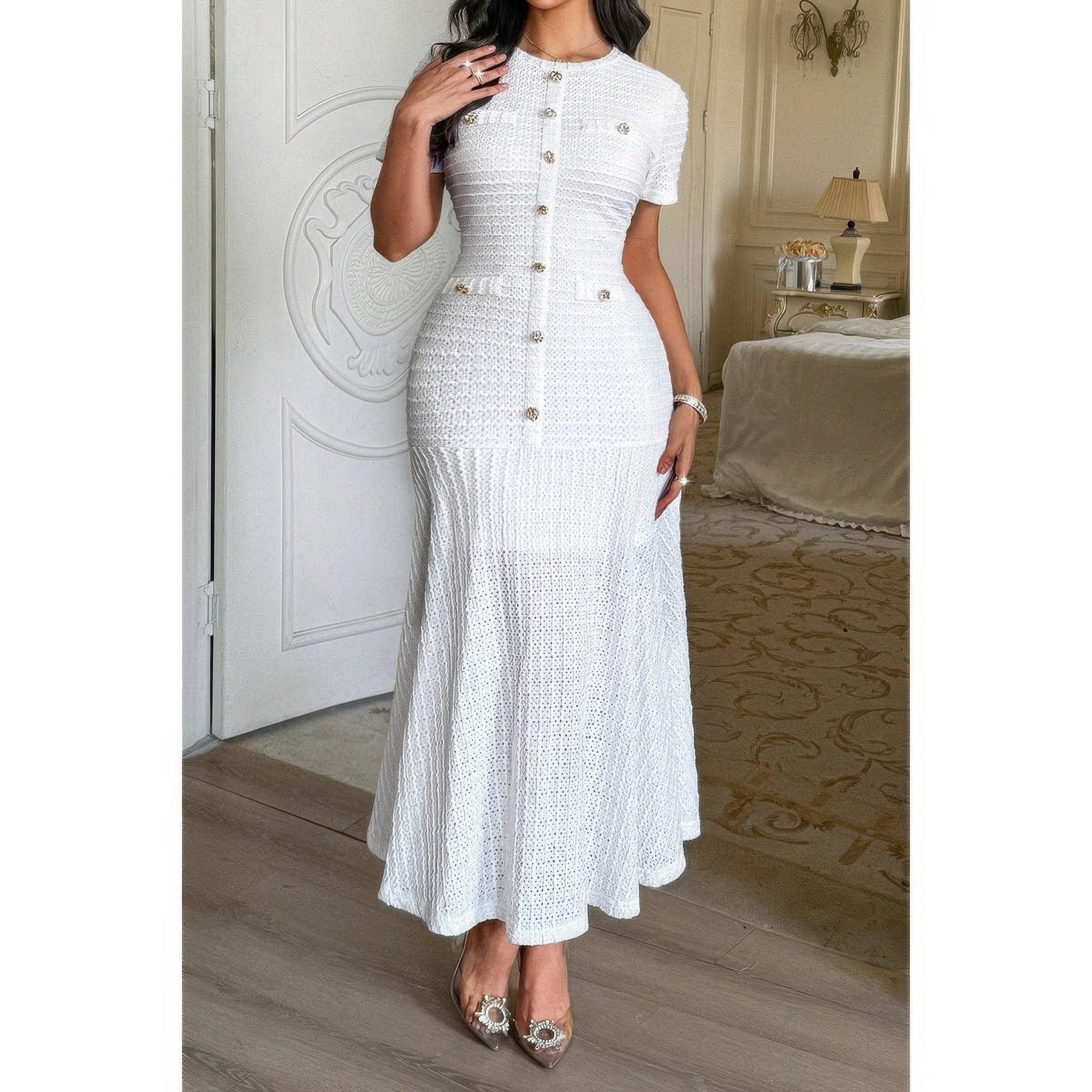 Solid Round Neck Button Elegant Sheath Dress | Mixtshop LLC