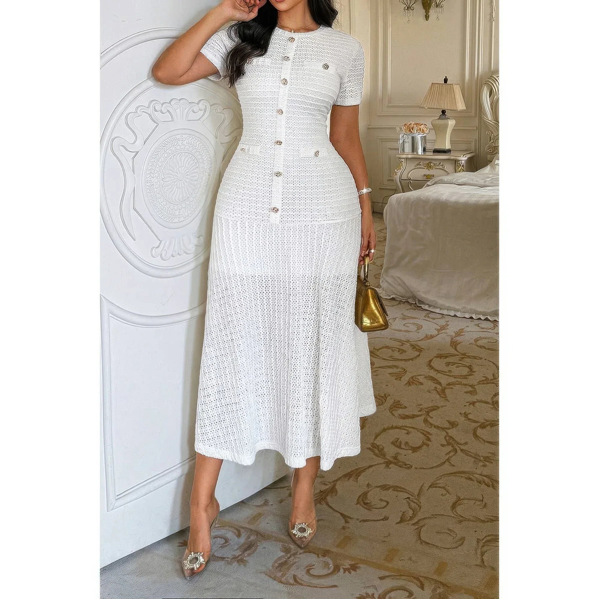Solid Round Neck Button Elegant Sheath Dress | Mixtshop LLC