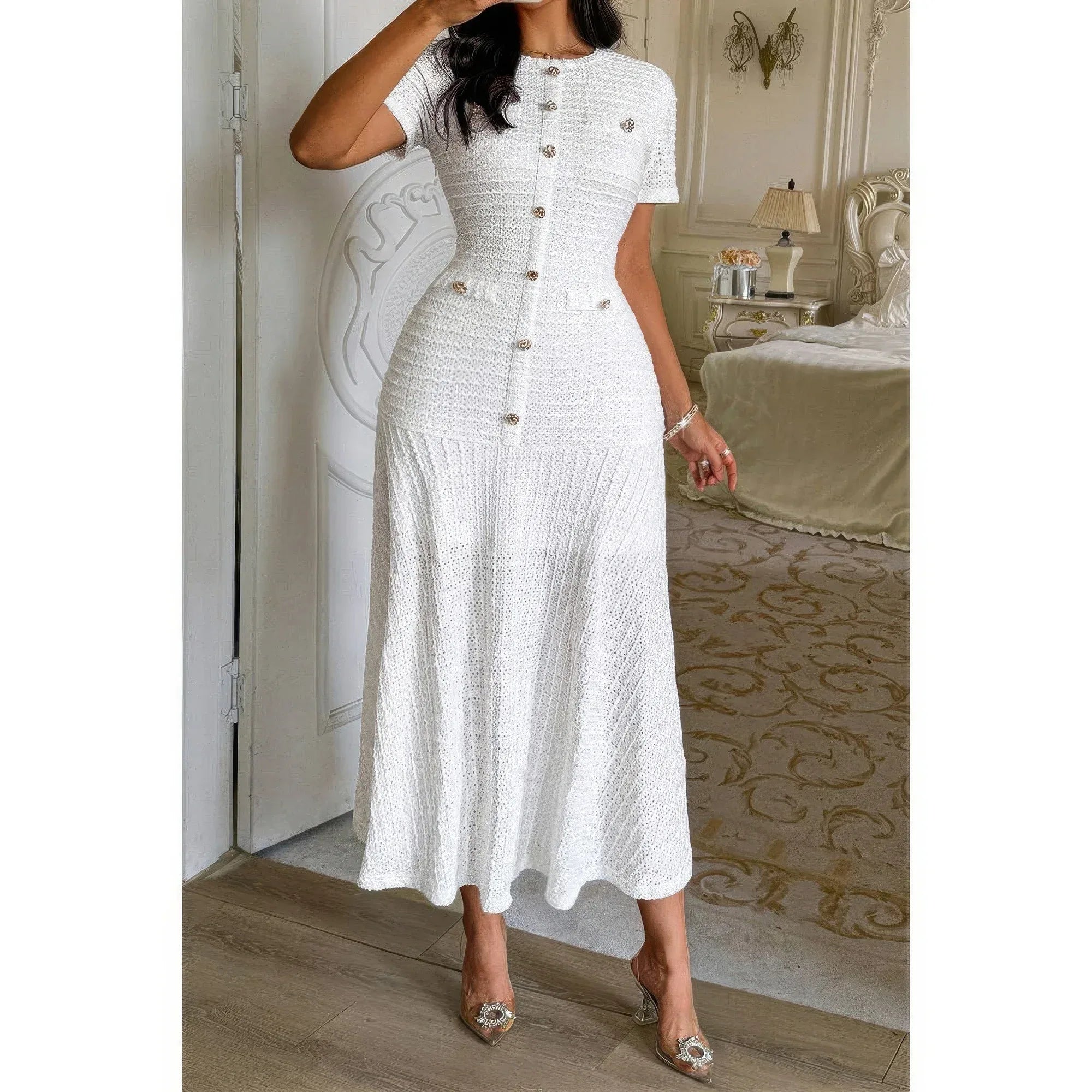 Solid Round Neck Button Elegant Sheath Dress | Mixtshop LLC