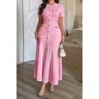 Solid Round Neck Button Elegant Sheath Dress | Mixtshop LLC
