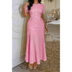 Solid Round Neck Button Elegant Sheath Dress | Mixtshop LLC